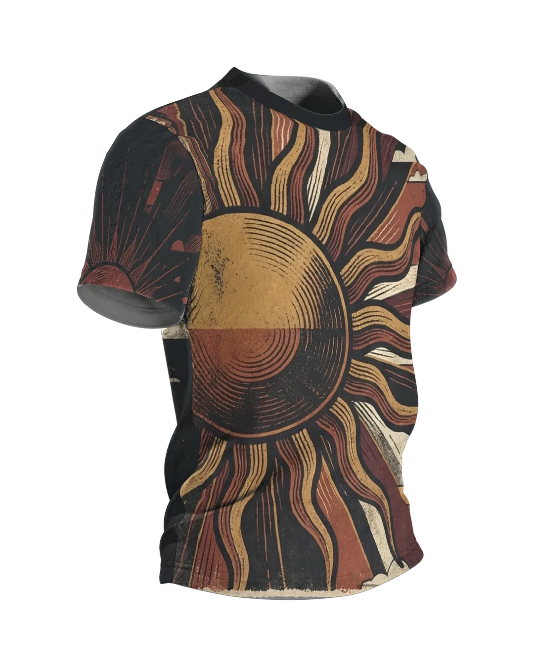70s Sunset T-Shirt, geteilte Sonnenscheibe mit Wellenstrahlen über gebautem Abendhimmel, Strahlenkranz am Rücken, Seitenansicht links