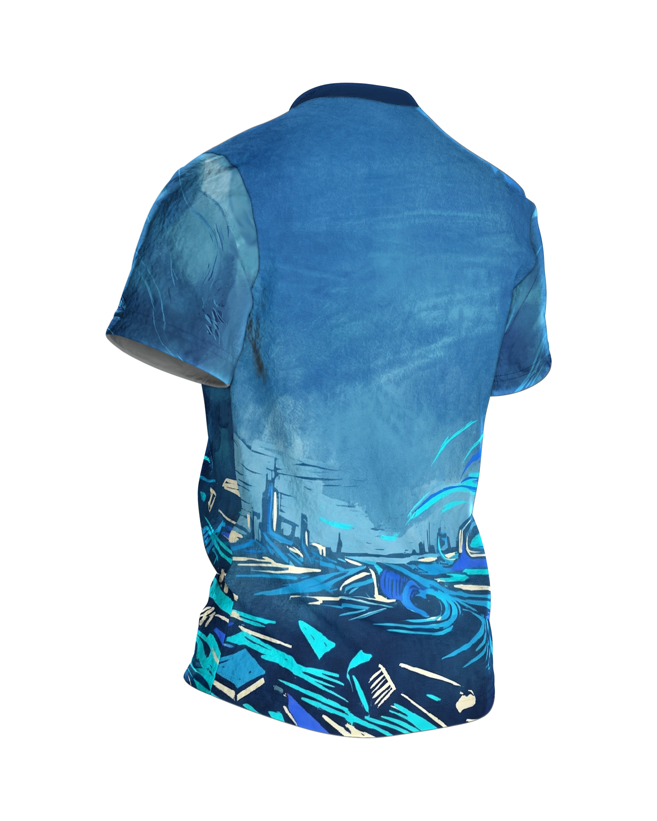 Energy Explosion T-shirt, Blue Crystal Bolt on the Front, Sci-Fi Horizon with Light Wave on the Back, Back, angled right