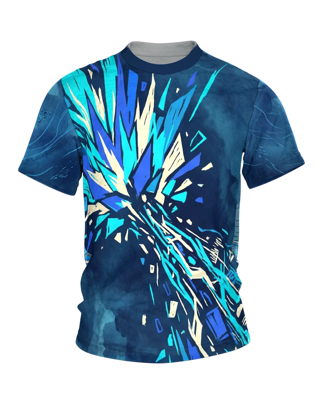 Energy Explosion T-shirt, Blue Crystal Bolt on the Front, Sci-Fi Horizon with Light Wave on the Back