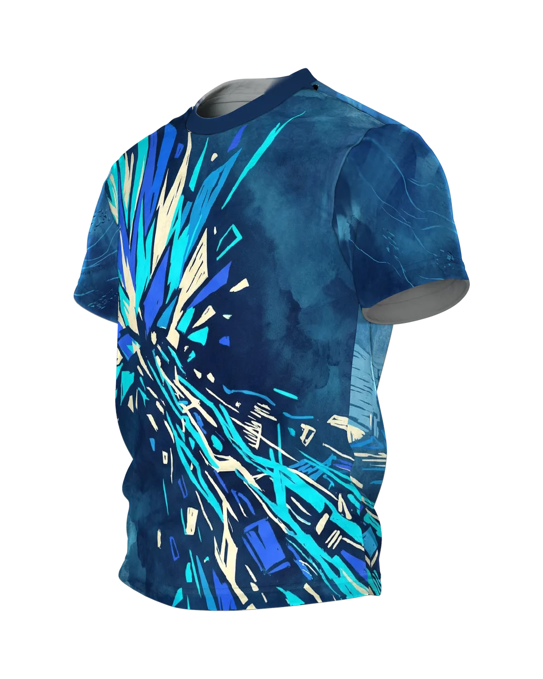 Energy Explosion T-shirt, Blue Crystal Bolt on the Front, Sci-Fi Horizon with Light Wave on the Back, Side view, right