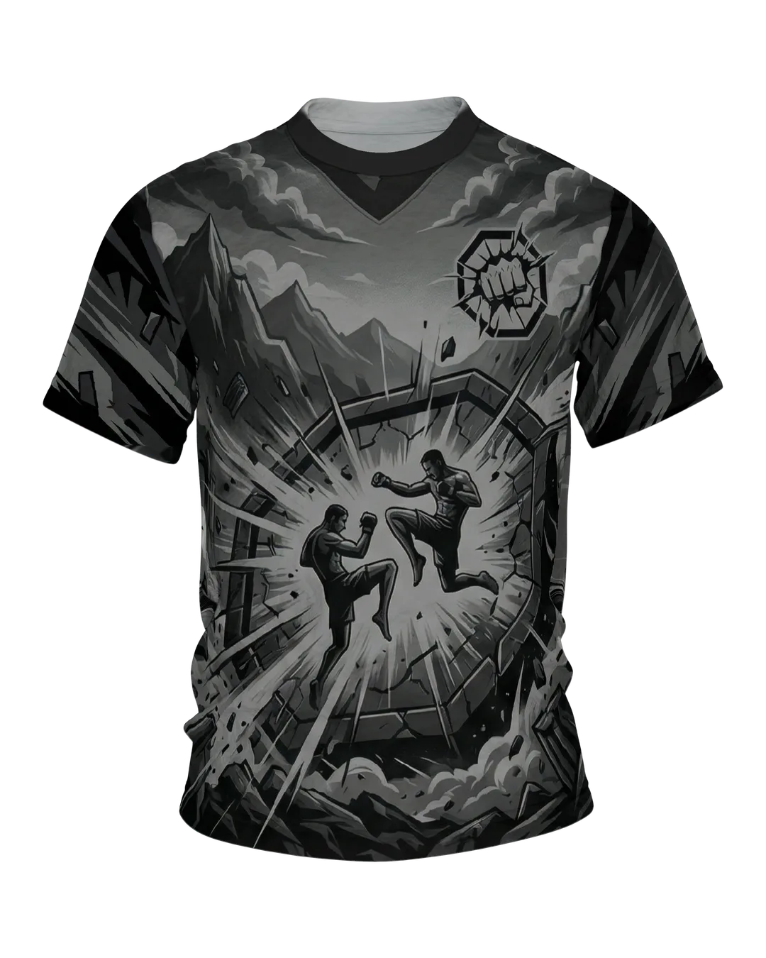 MMA Cage Fight in the Stone Arena, Monochrome Comic Fight Shirt with Ground Fight on the Back