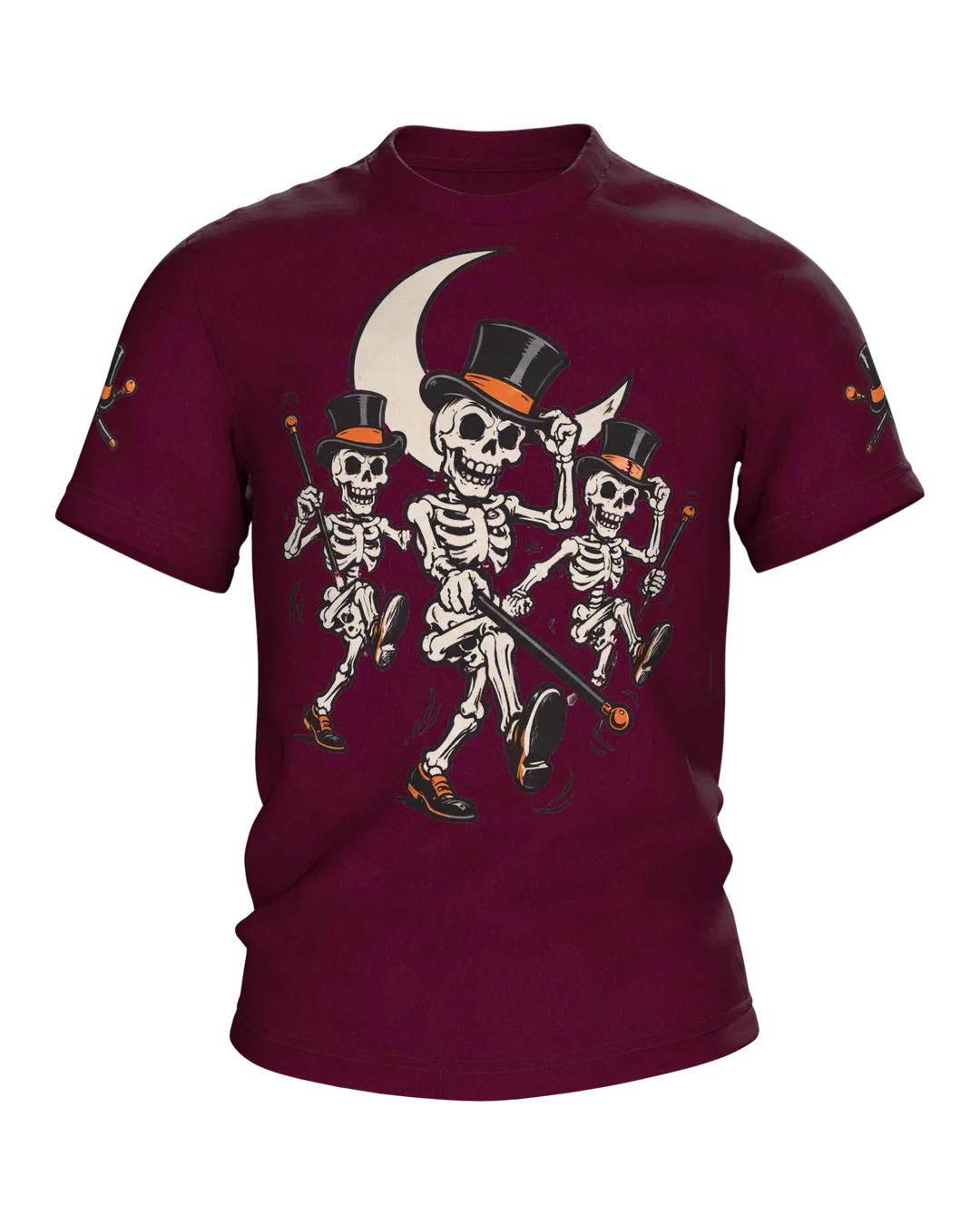 Skeleton T-Shirt: Three Dancing Skeletons with Top Hats and Canes in the Moonlight, Vintage Cartoon