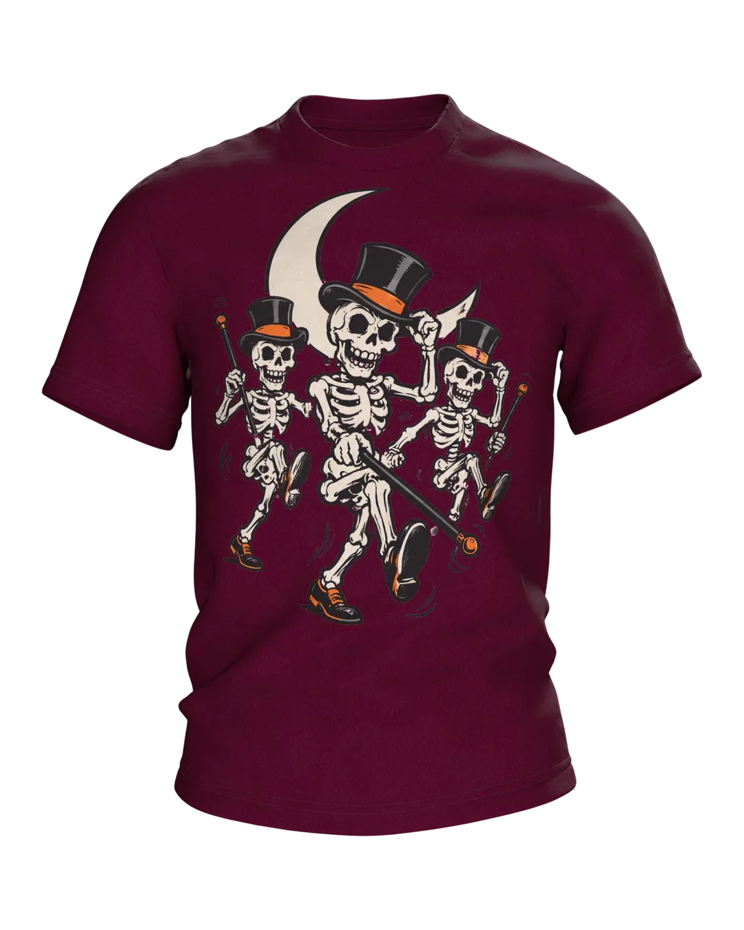 Skeleton T-Shirt: Three Dancing Skeletons with Top Hats and Canes in the Moonlight, Vintage Cartoon