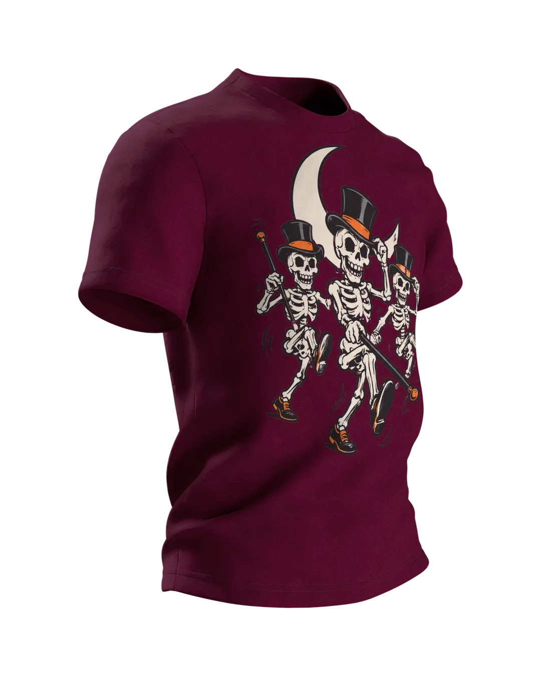Skeleton T-Shirt: Three Dancing Skeletons with Top Hats and Canes in the Moonlight, Vintage Cartoon, Side view, left