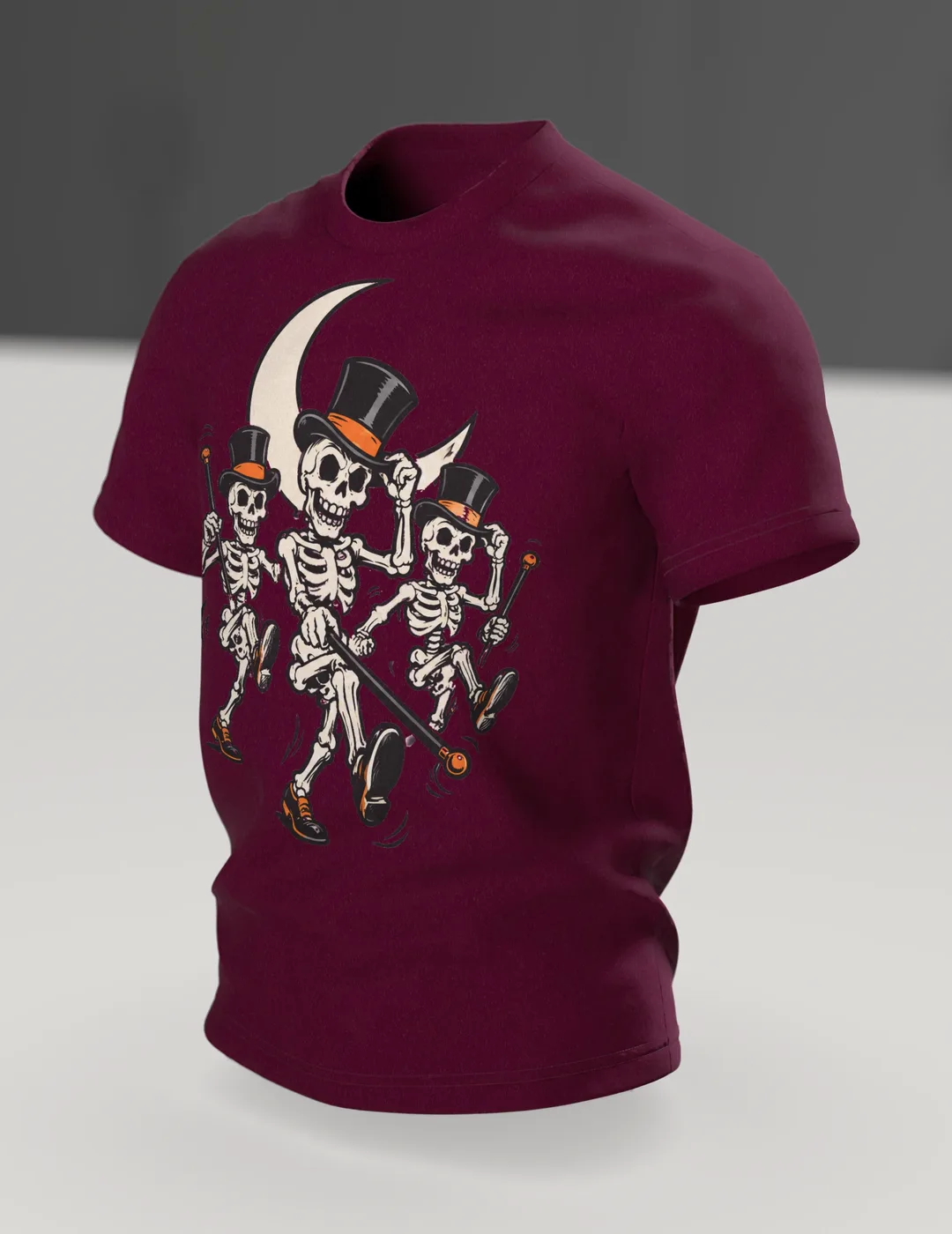 Skeleton T-Shirt: Three Dancing Skeletons with Top Hats and Canes in the Moonlight, Vintage Cartoon, In context, angled