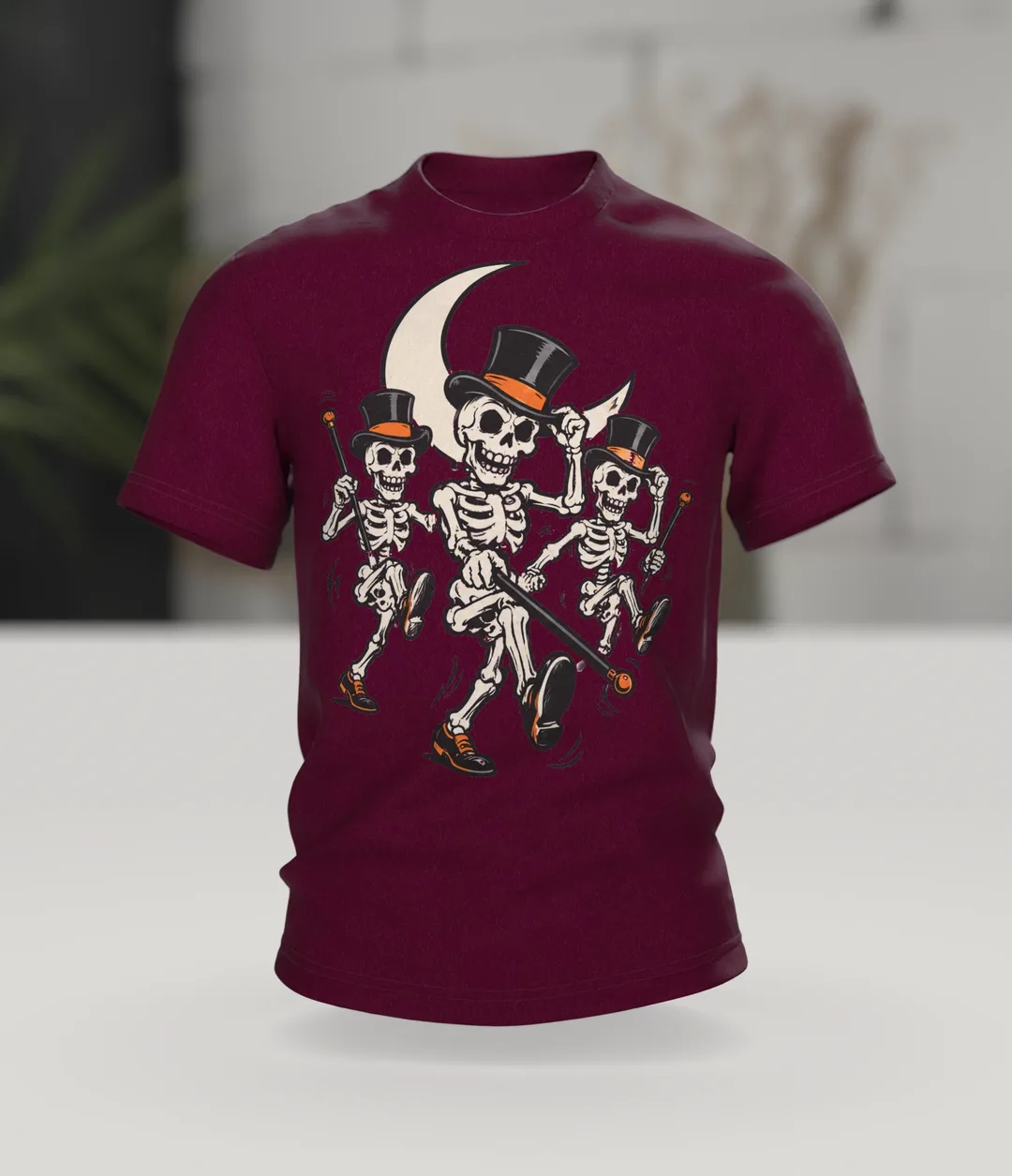 Skeleton T-Shirt: Three Dancing Skeletons with Top Hats and Canes in the Moonlight, Vintage Cartoon, In context
