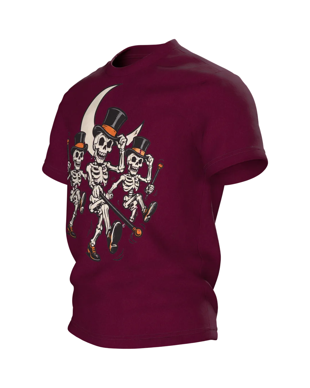 Skeleton T-Shirt: Three Dancing Skeletons with Top Hats and Canes in the Moonlight, Vintage Cartoon, Side view, right