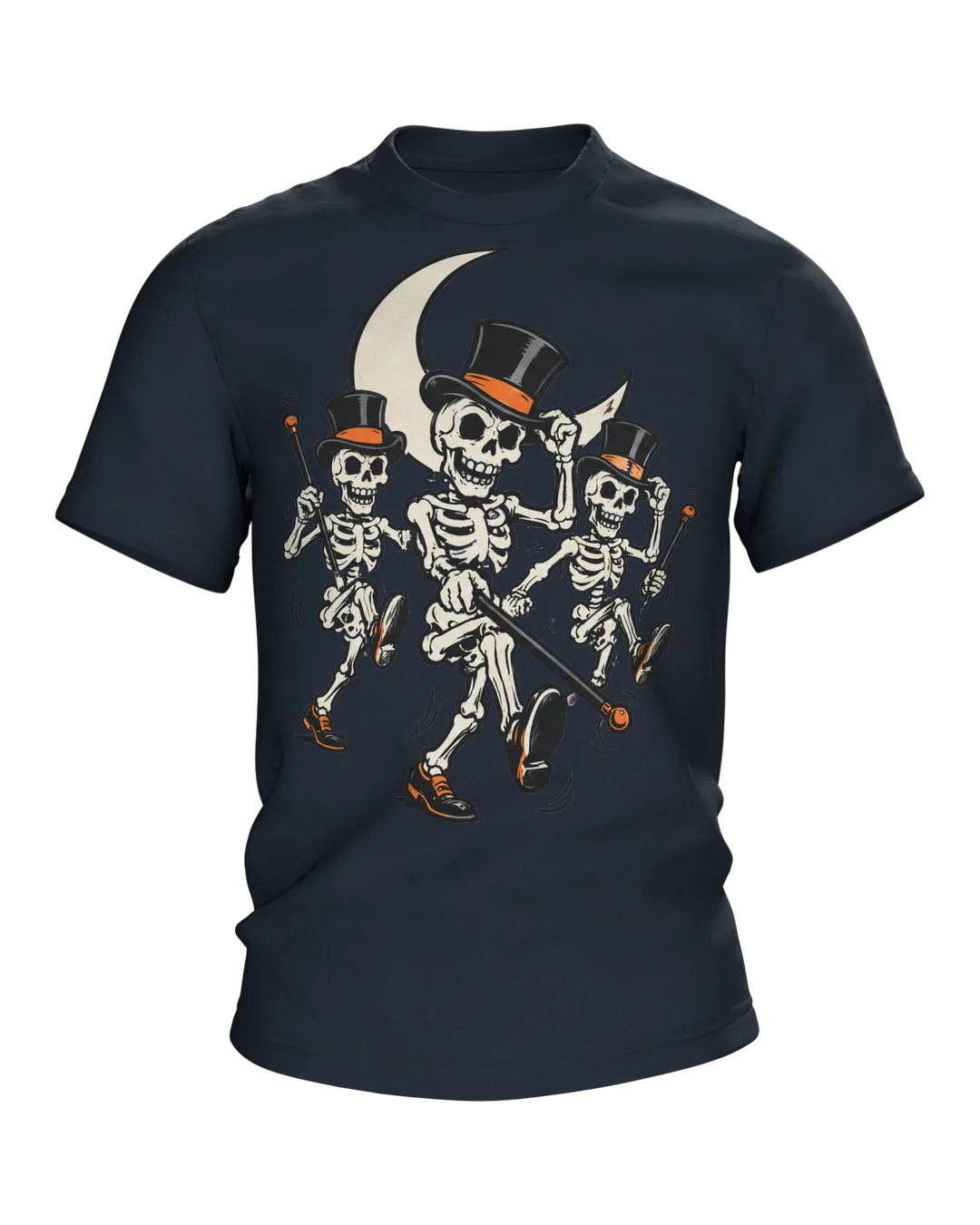 Skelett T-Shirt: drei tanzende Skelette mit Zylinder und Stock im Mondschein, Vintage-Cartoon