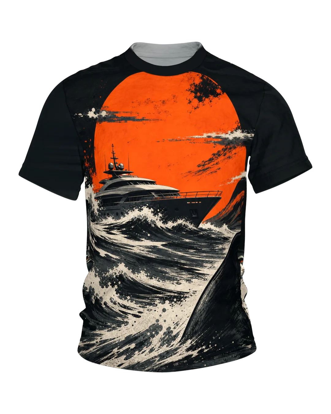 Storm Wave T-shirt: Yacht and Shark Fin Under a Red Sun
