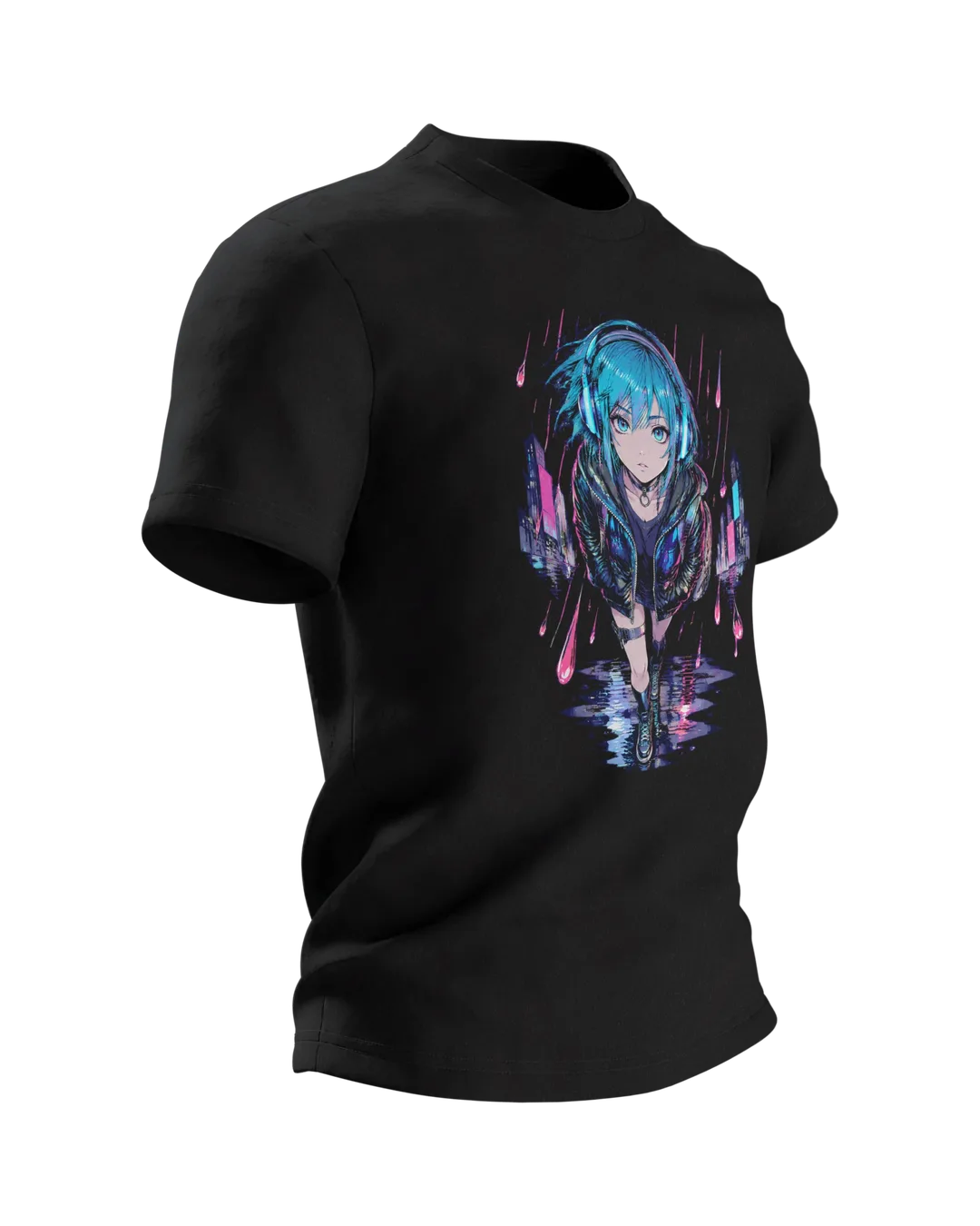 Anime T-Shirt: Mädchen im Neonregen mit Kopfhörern, Seitenansicht links