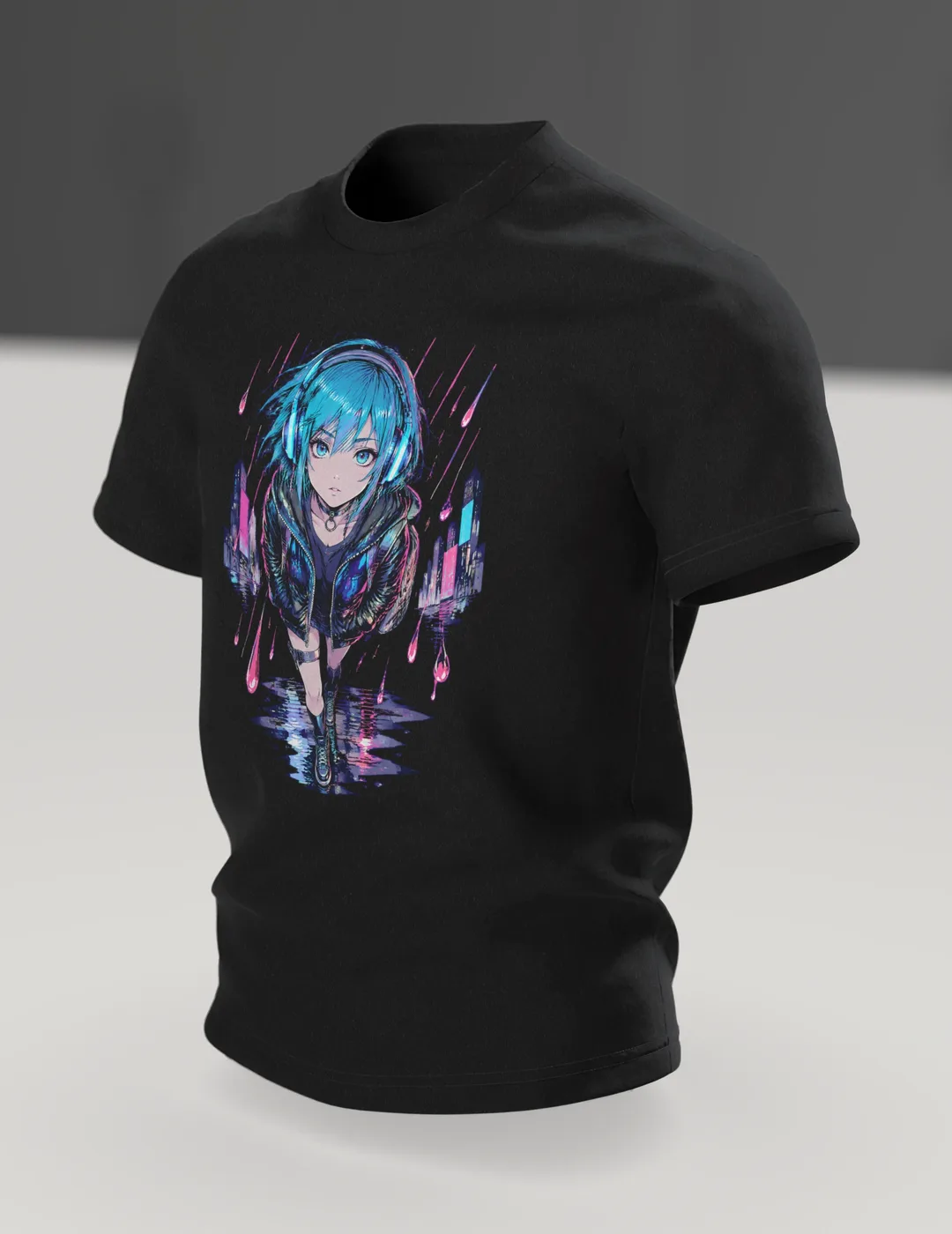 Anime T-Shirt: Mädchen im Neonregen mit Kopfhörern, Im Raum, schräg