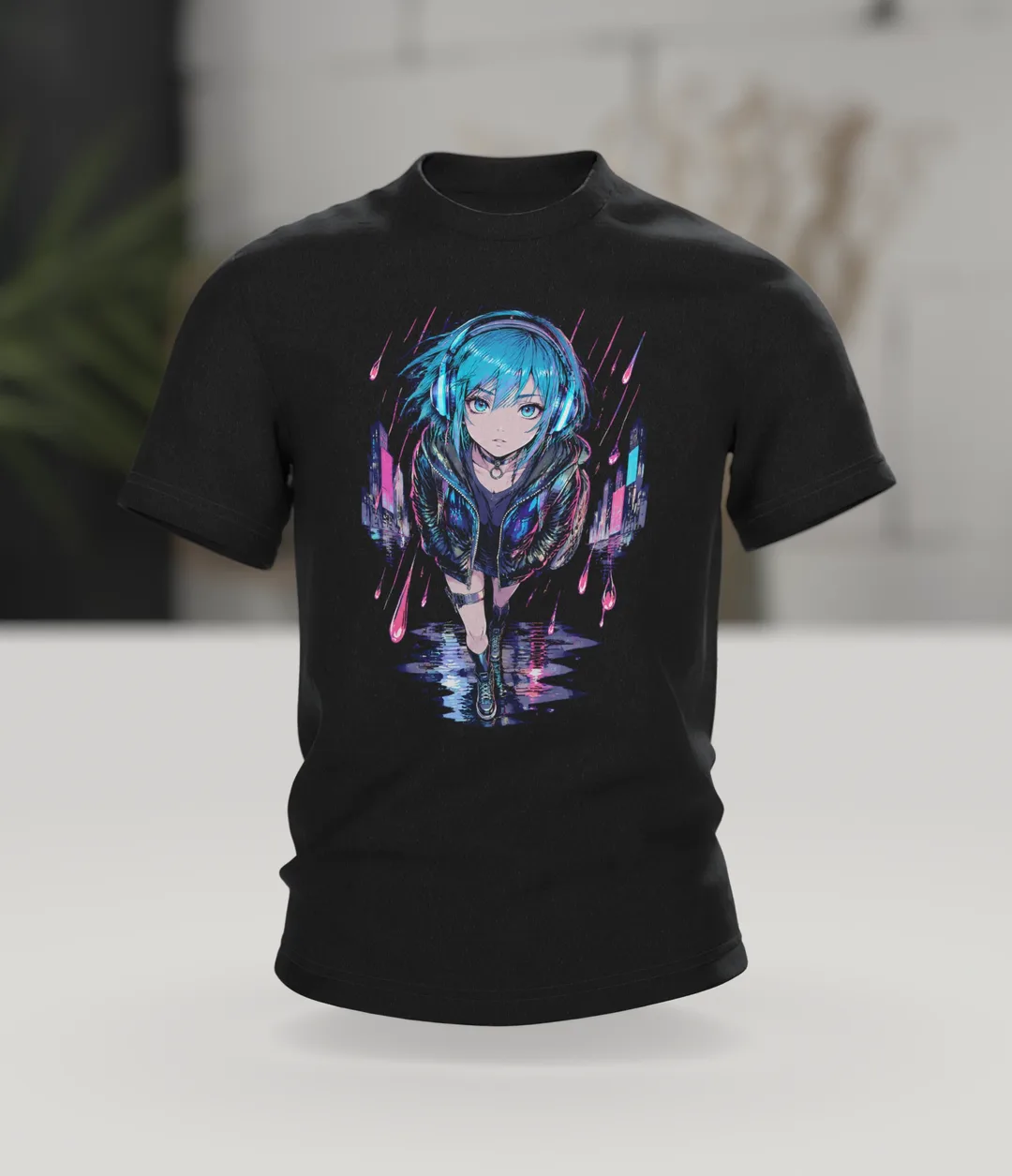Anime T-Shirt: Mädchen im Neonregen mit Kopfhörern, Im Raum
