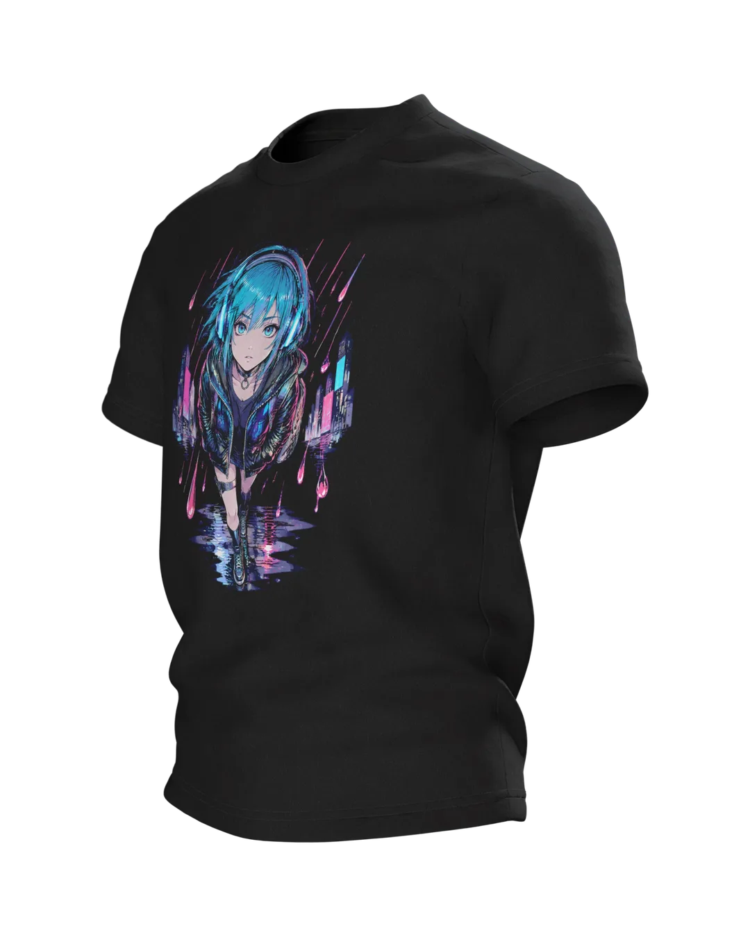 Anime T-Shirt: Mädchen im Neonregen mit Kopfhörern, Seitenansicht rechts