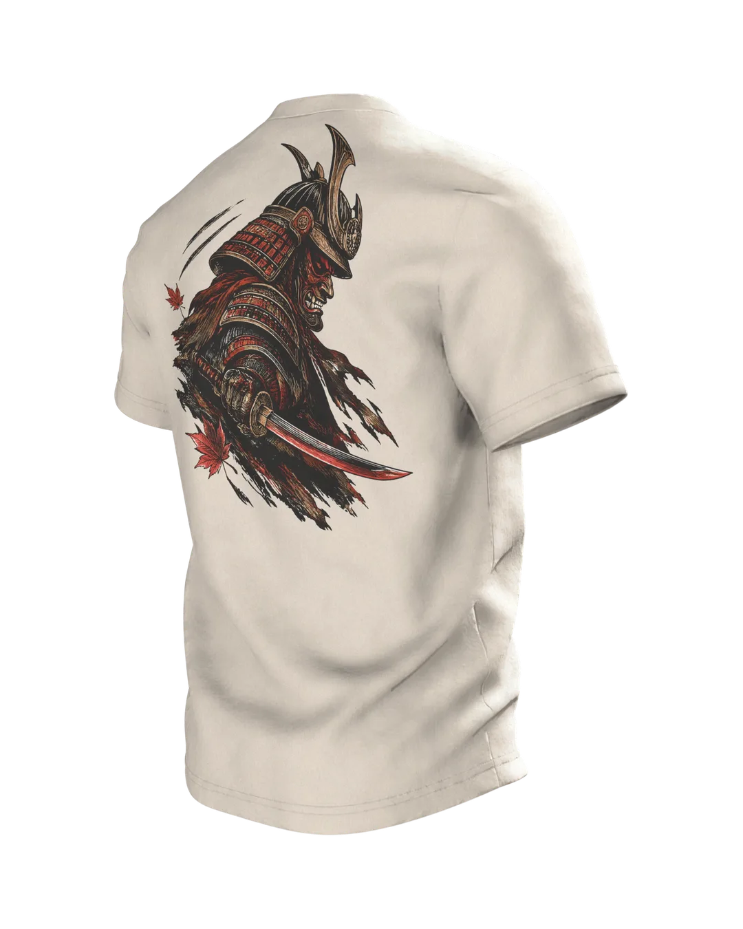 Samurai Kabuto Helmet T-shirt, woodblock armour with mask before a red moon, warrior with katana on the back, Back, angled left