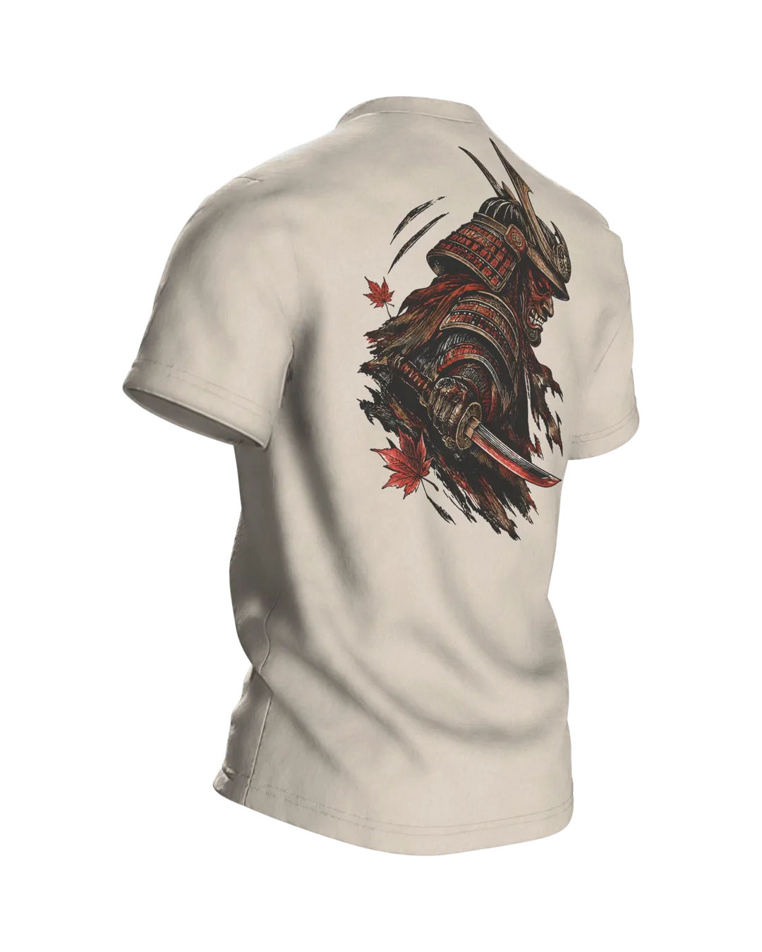 Samurai Kabuto Helmet T-shirt, woodblock armour with mask before a red moon, warrior with katana on the back, Back, angled right