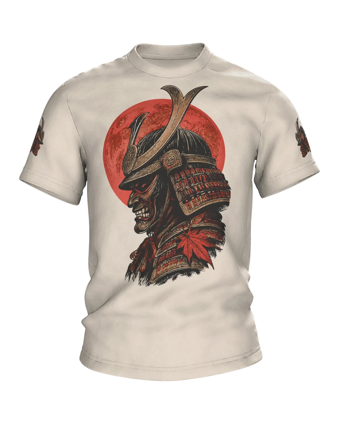Samurai Kabuto Helmet T-shirt, woodblock armour with mask before a red moon, warrior with katana on the back