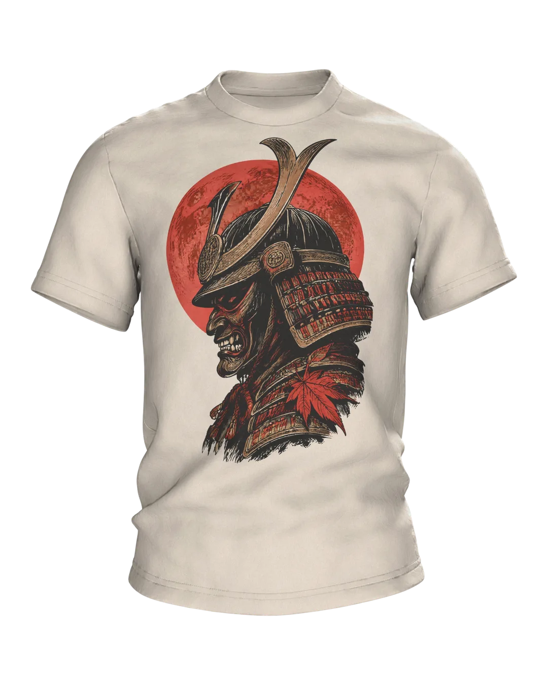 Samurai Kabuto Helm T-Shirt, Holzschnitt-Rüstung mit Maske vor rotem Mond, Krieger mit Katana am Rücken