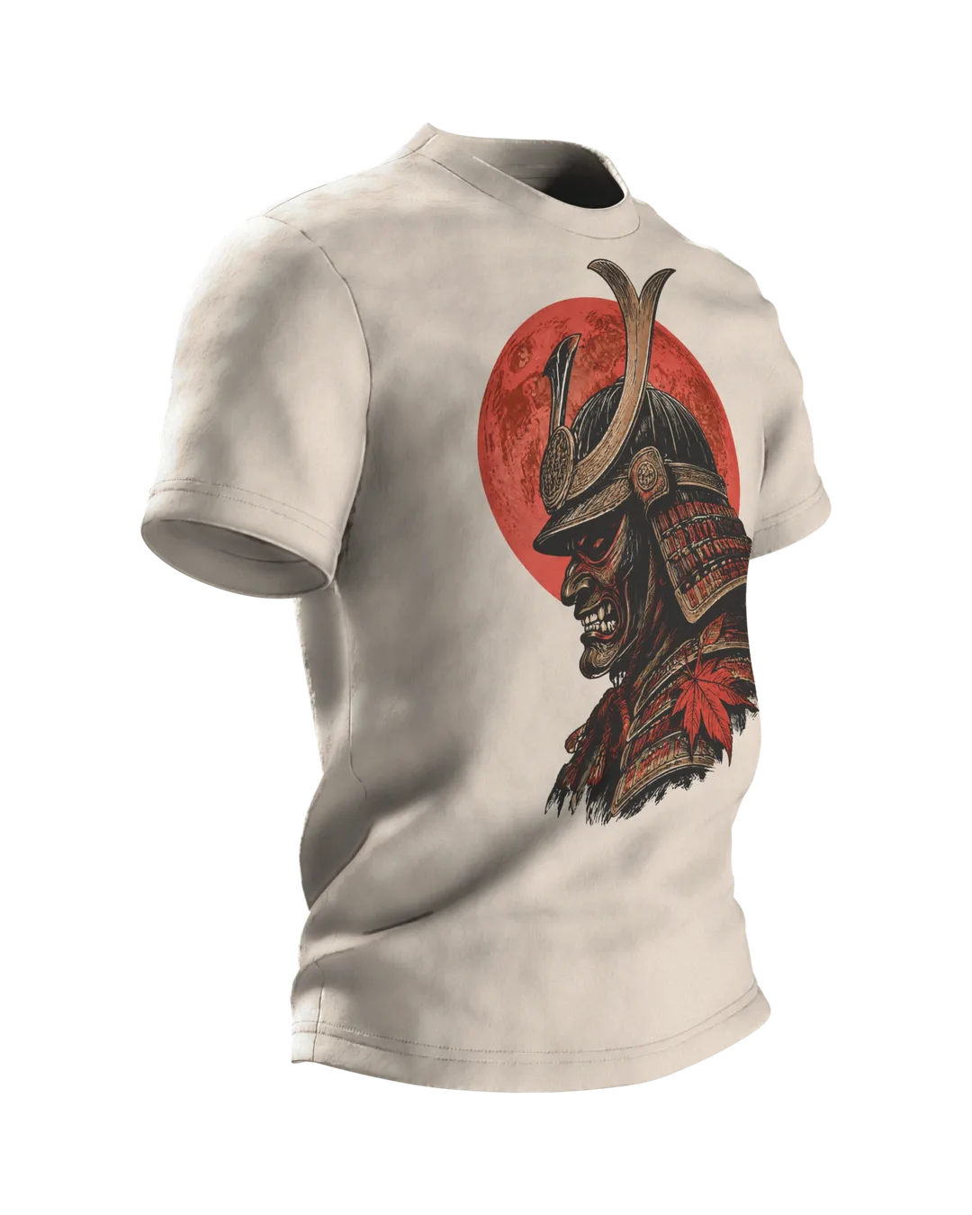 Samurai Kabuto Helm T-Shirt, Holzschnitt-Rüstung mit Maske vor rotem Mond, Krieger mit Katana am Rücken, Seitenansicht links