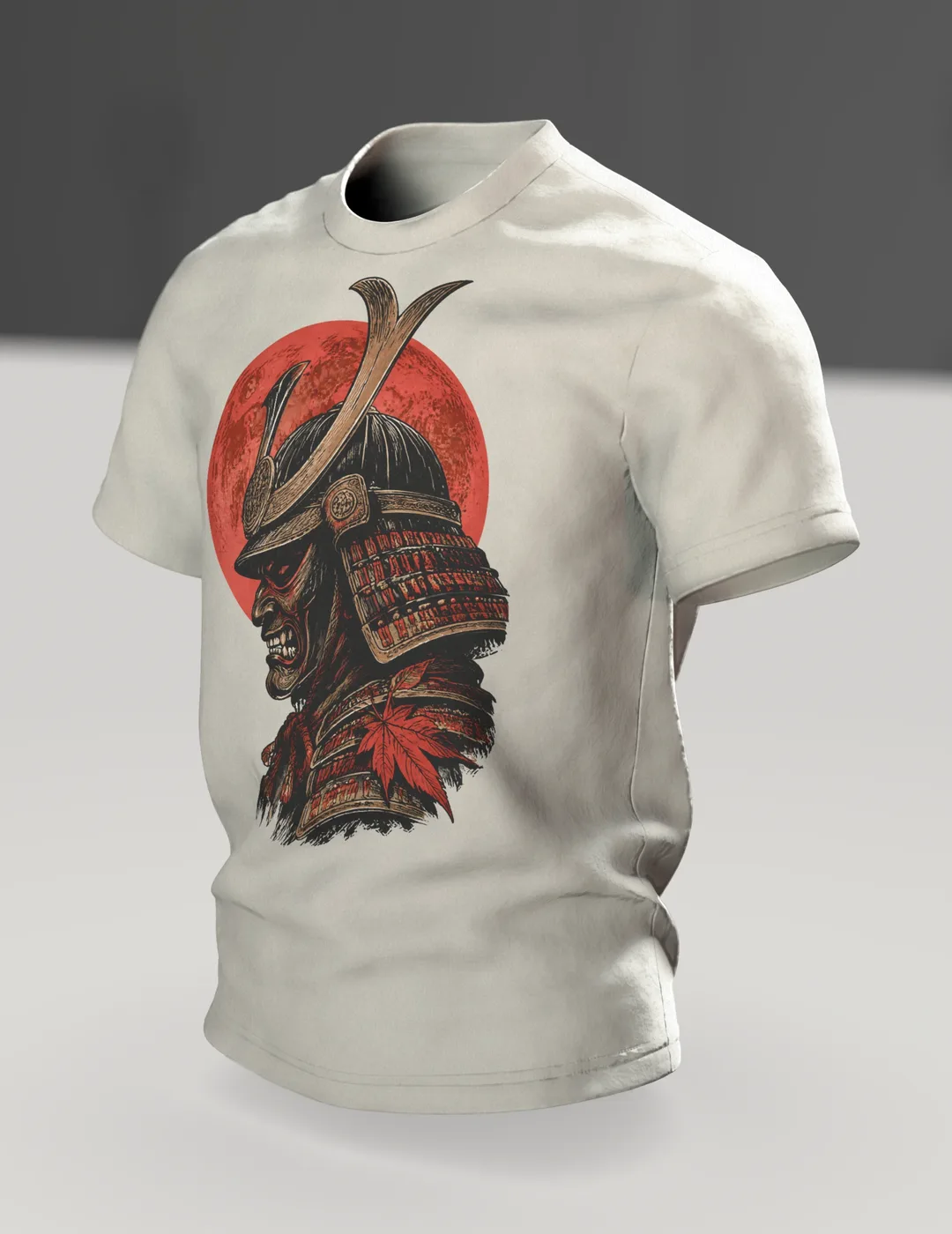 Samurai Kabuto Helm T-Shirt, Holzschnitt-Rüstung mit Maske vor rotem Mond, Krieger mit Katana am Rücken, Im Raum, schräg