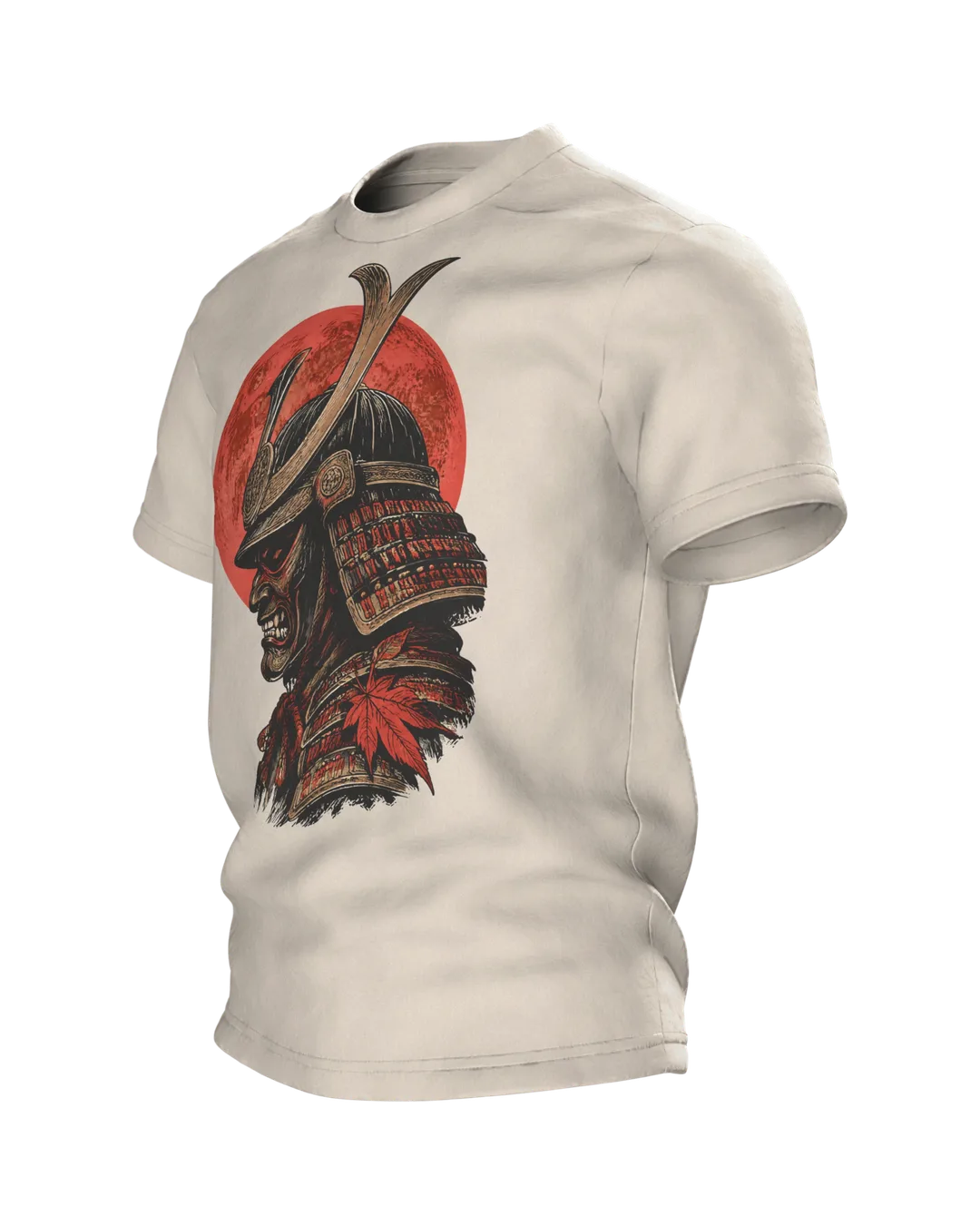 Samurai Kabuto Helm T-Shirt, Holzschnitt-Rüstung mit Maske vor rotem Mond, Krieger mit Katana am Rücken, Seitenansicht rechts