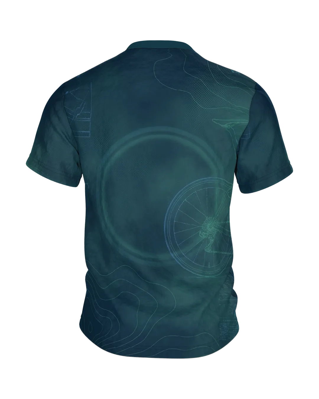 Rennrad Blueprint T-Shirt, Cyan Linework Draufsicht auf Wolken-Grund, Rückseite