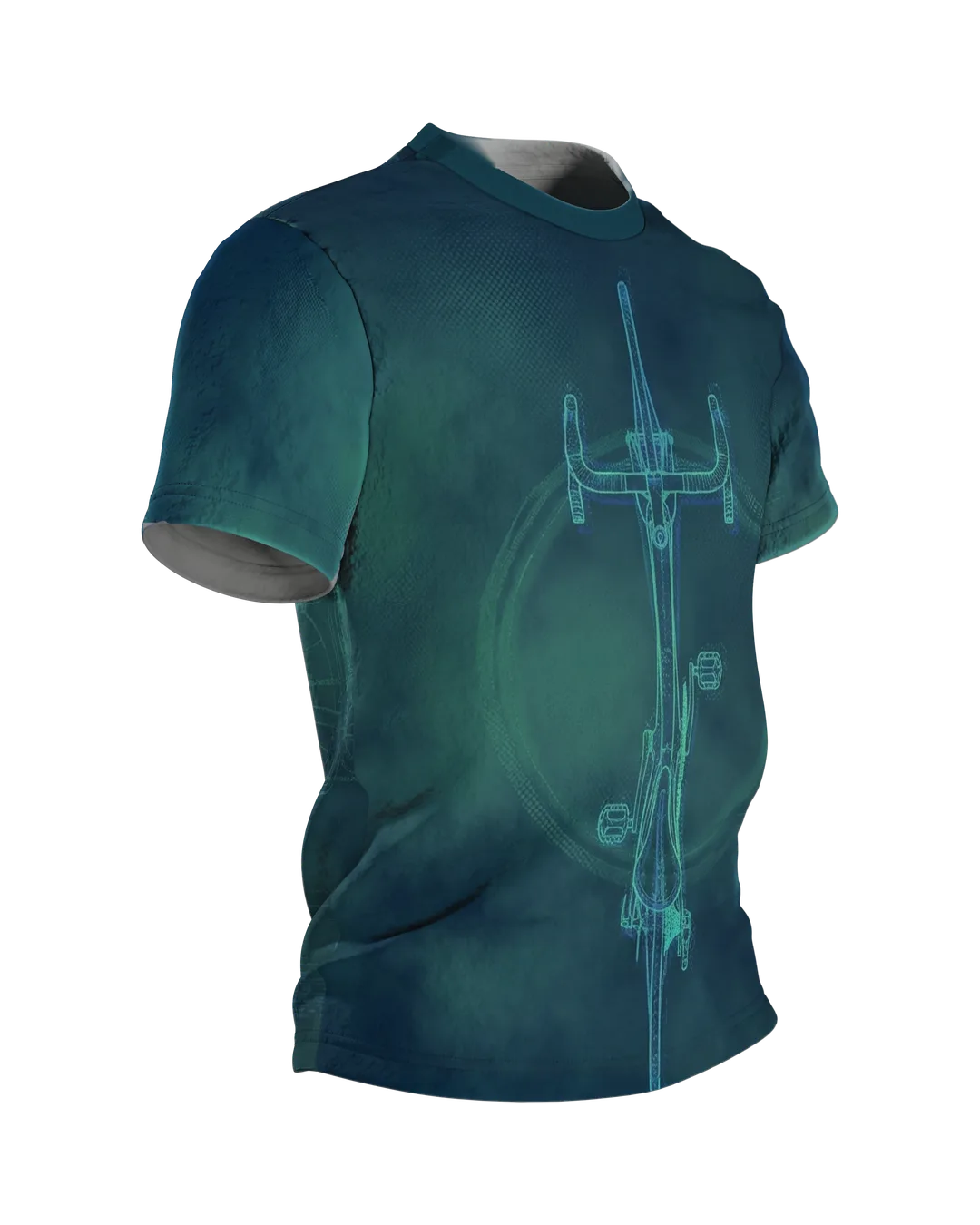 Rennrad Blueprint T-Shirt, Cyan Linework Draufsicht auf Wolken-Grund, Seitenansicht links