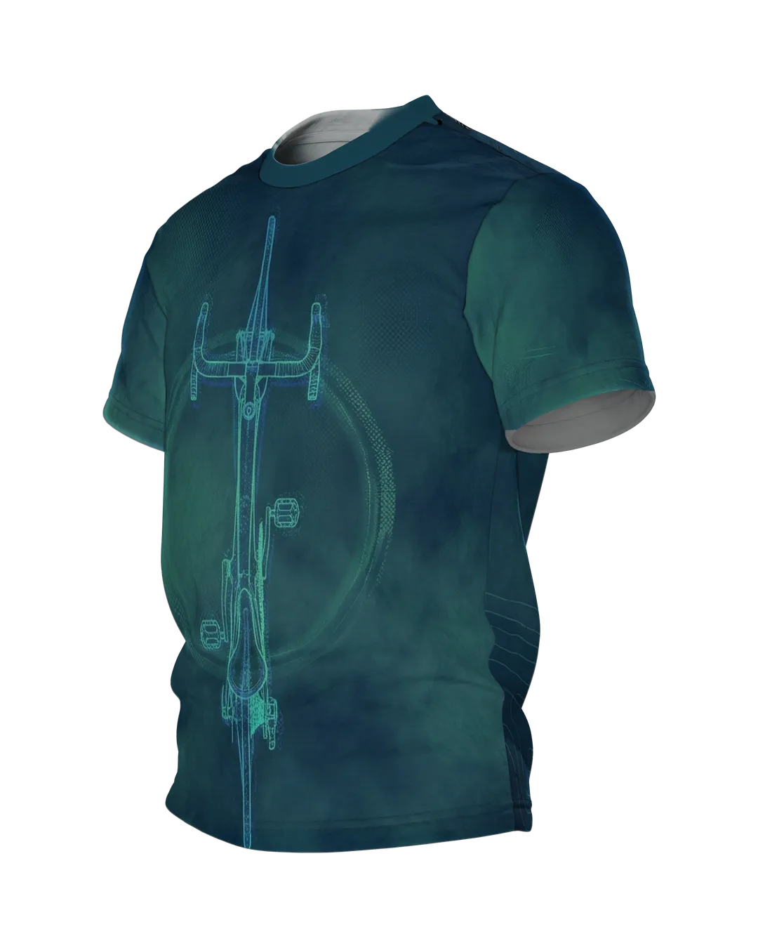Rennrad Blueprint T-Shirt, Cyan Linework Draufsicht auf Wolken-Grund, Seitenansicht rechts