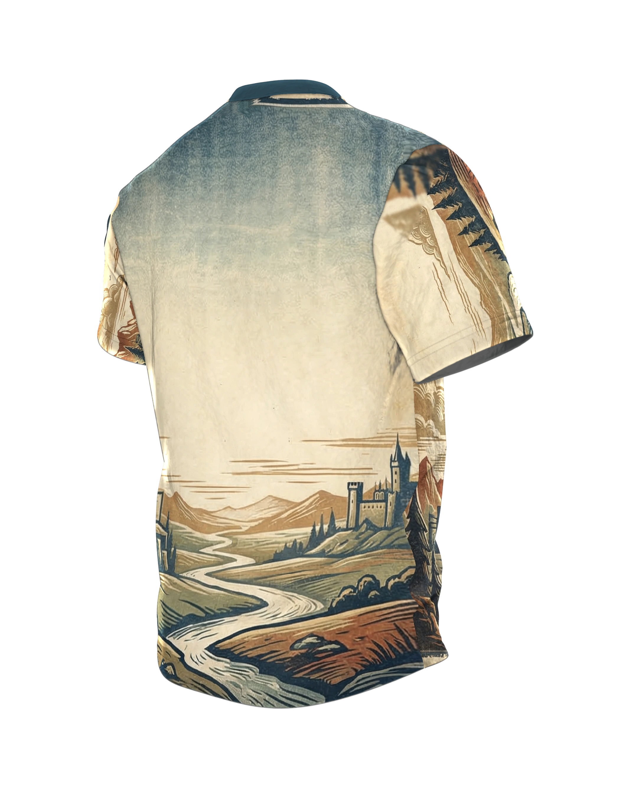 Standing Crusader T-shirt: Guardian in a Woodcut Panorama, Back, angled left