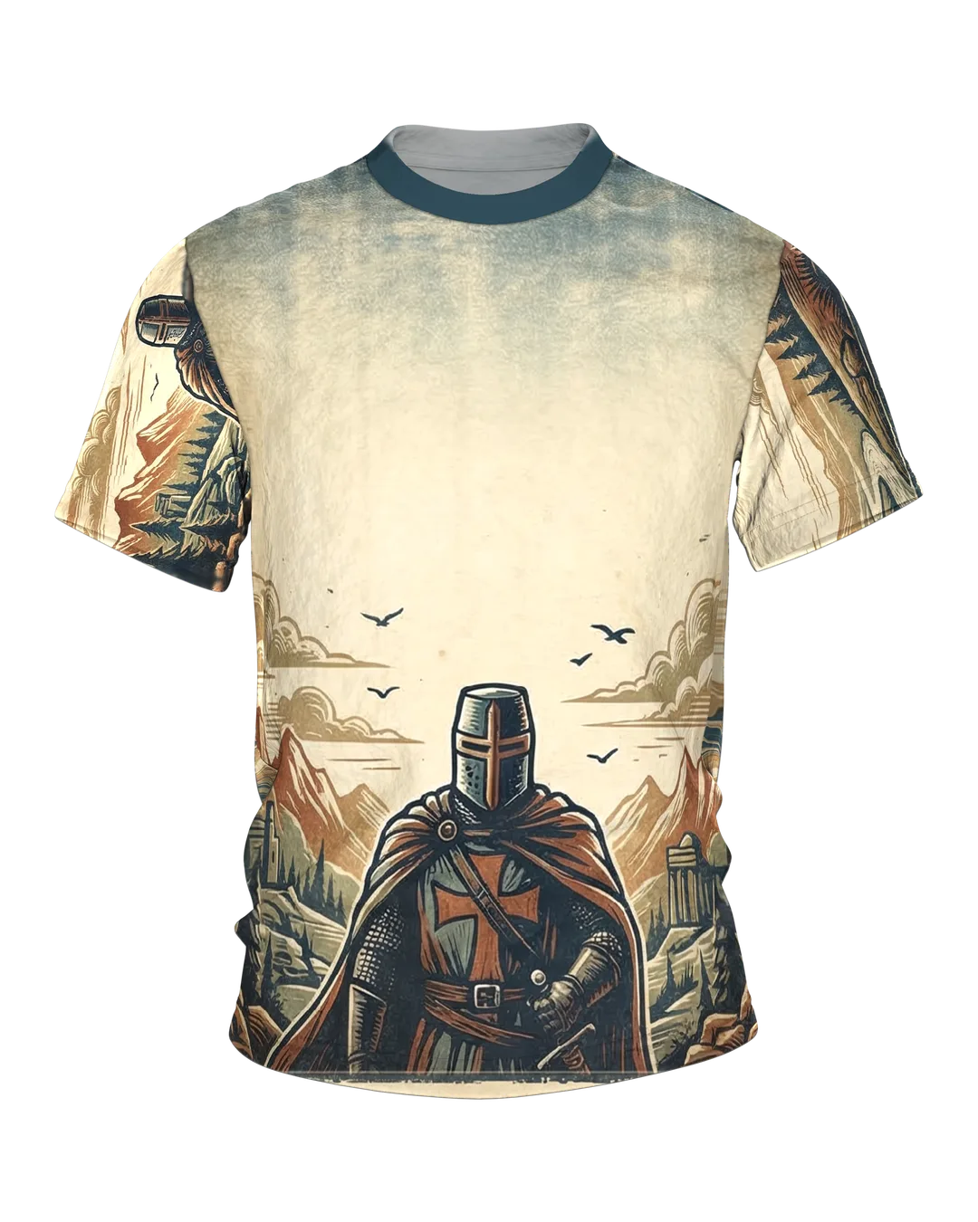 Standing Crusader T-shirt: Guardian in a Woodcut Panorama