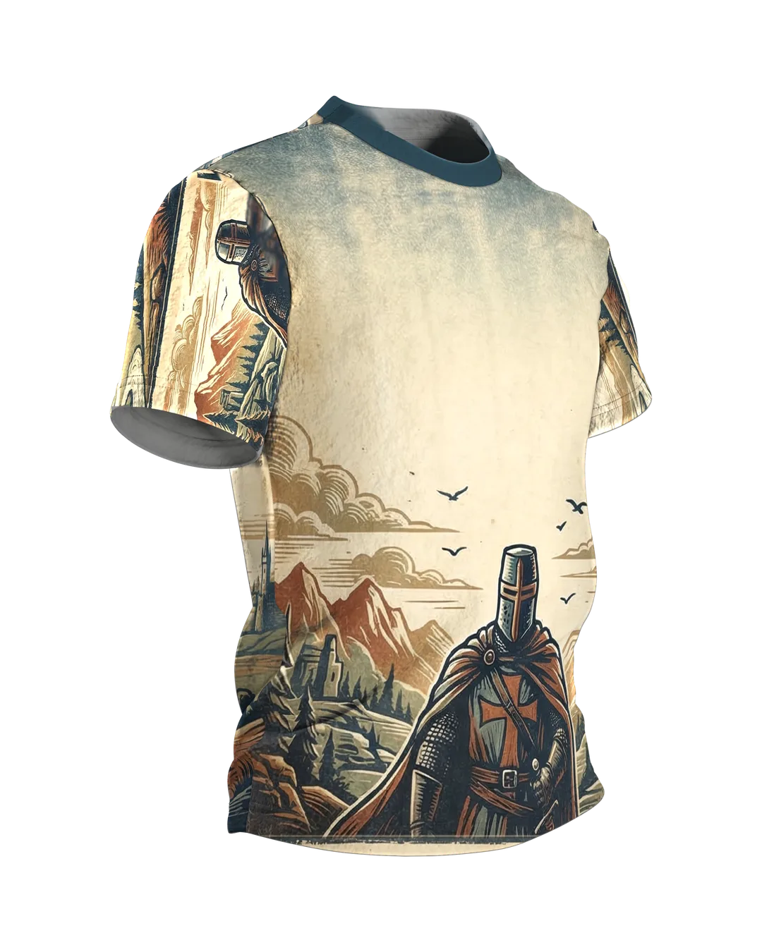 Standing Crusader T-shirt: Guardian in a Woodcut Panorama, Side view, left
