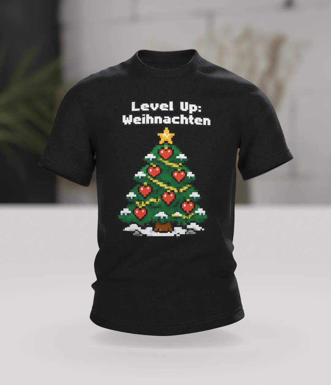 Gamer Weihnachtsshirt „Level Up: Weihnachten“ T-Shirt, Im Raum
