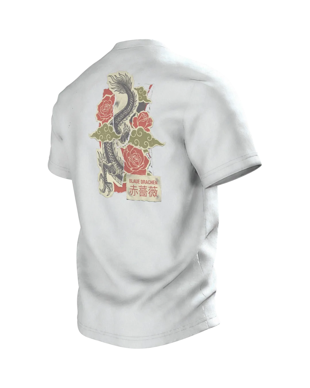 Blaue Drachen Roten Rosen T-shirt: Asian dragon in a vintage print, Back, angled left