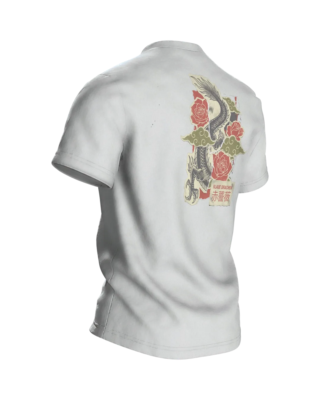 Blaue Drachen Roten Rosen T-shirt: Asian dragon in a vintage print, Back, angled right