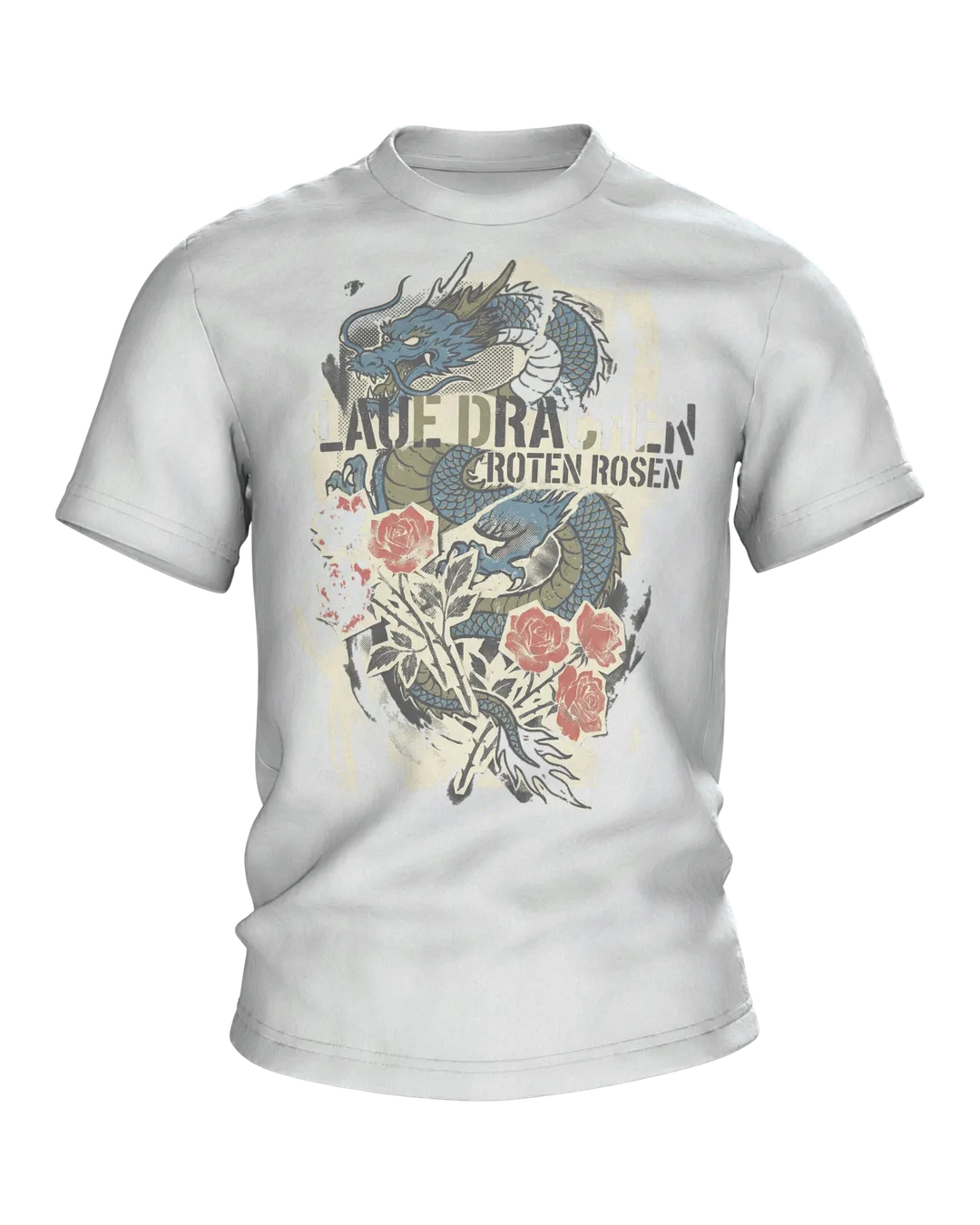 Blaue Drachen Roten Rosen T-shirt: Asian dragon in a vintage print