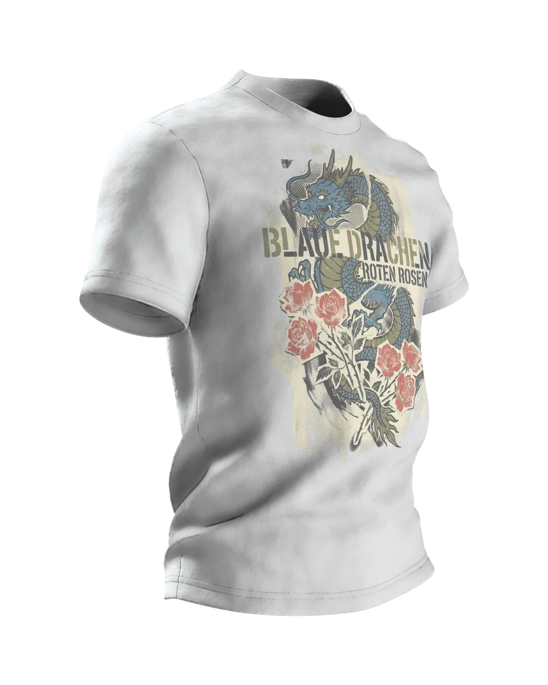 Blaue Drachen Roten Rosen T-shirt: Asian dragon in a vintage print, Side view, left