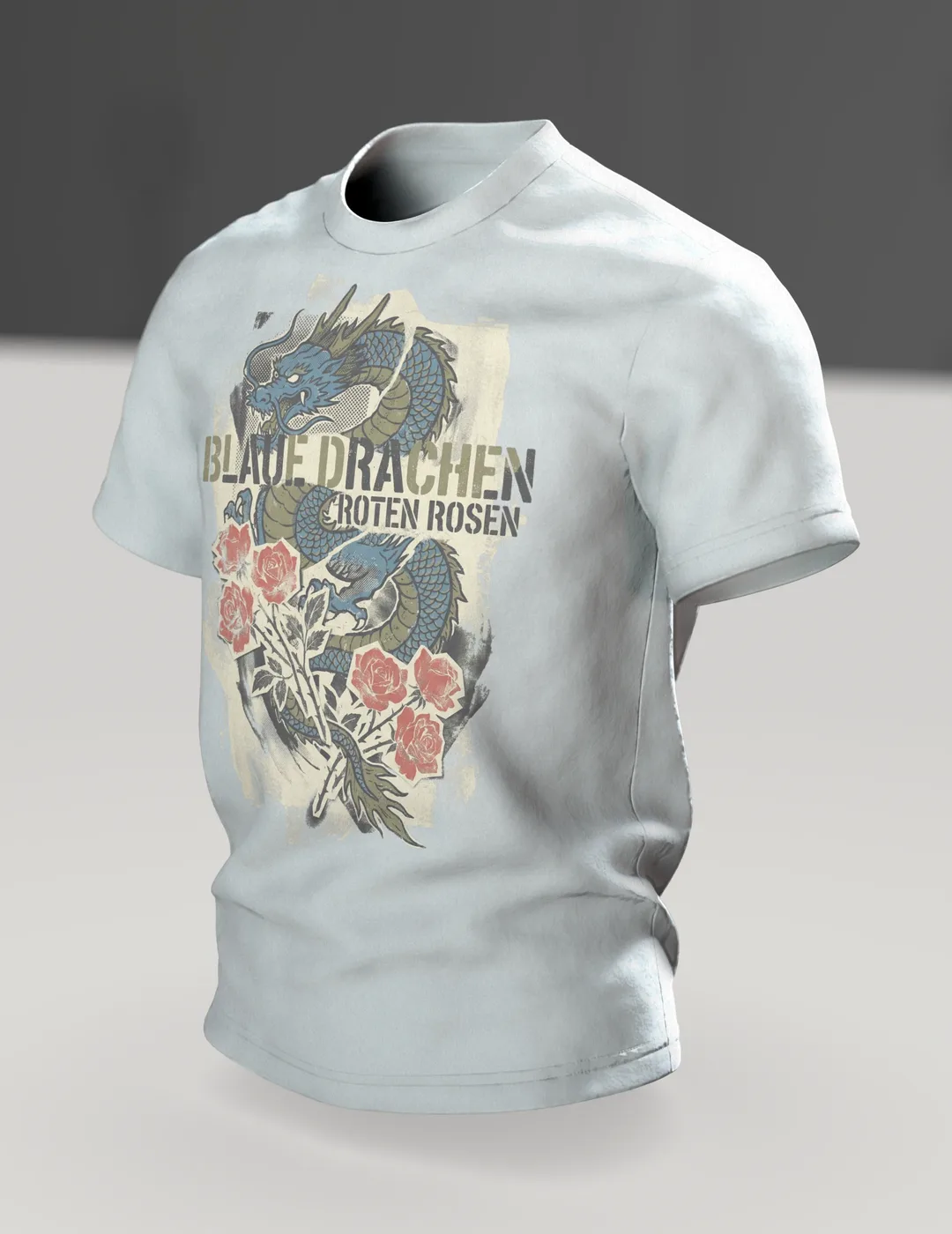 Blaue Drachen Roten Rosen T-shirt: Asian dragon in a vintage print, In context, angled