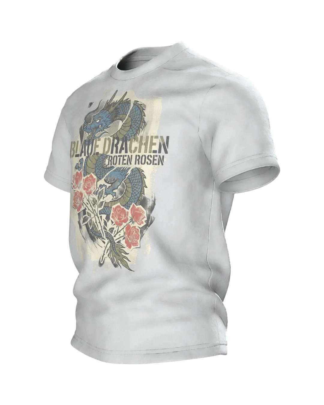 Blaue Drachen Roten Rosen T-shirt: Asian dragon in a vintage print, Side view, right