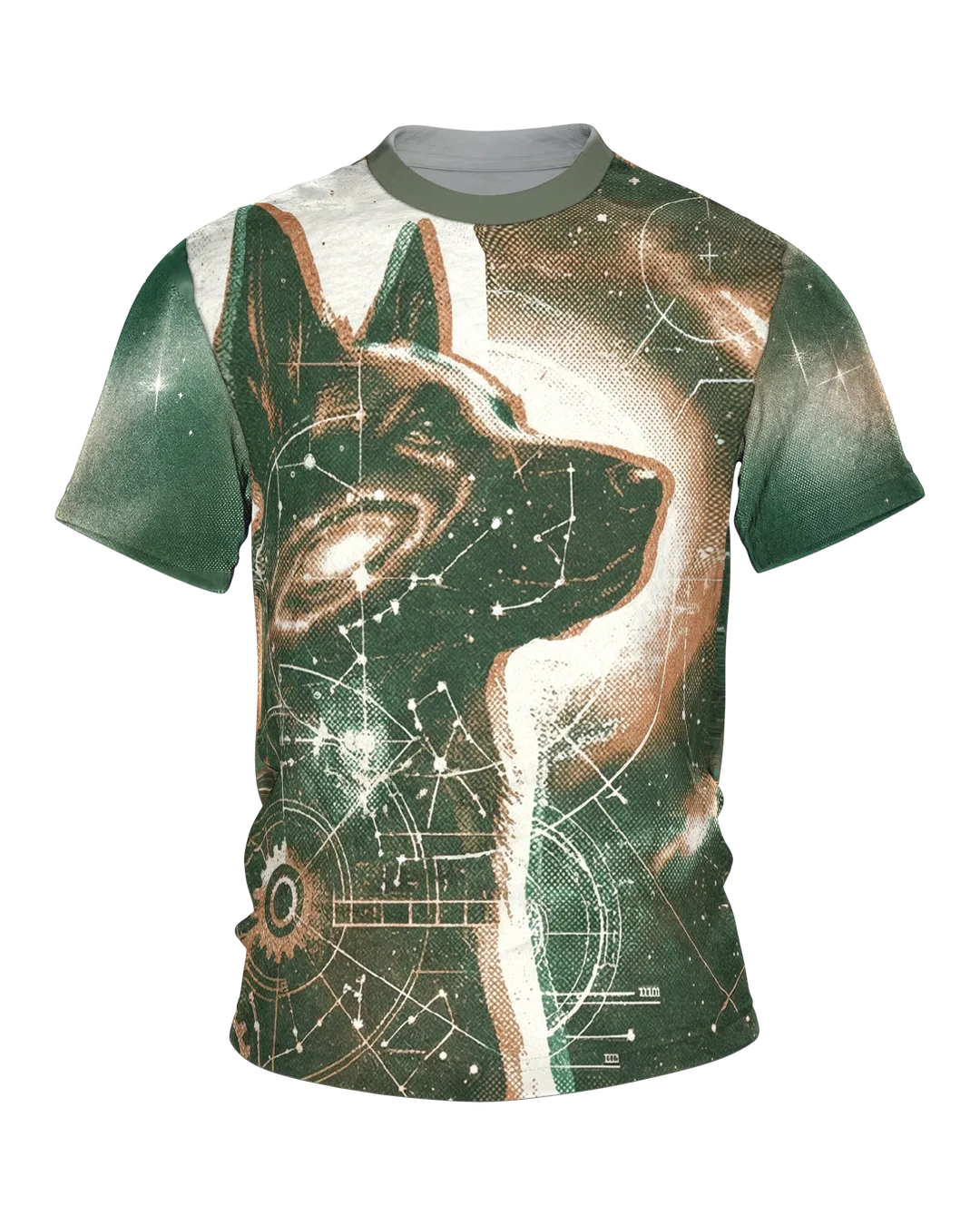 Sternenhund T-Shirt, Hund vor Galaxie, am Rücken Zahnrad-Planeten und Knochen-Sternbilder