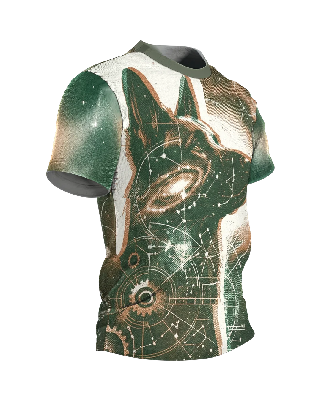 Star Dog T-shirt, Dog in Front of a Galaxy, Gear Planets and Bone Constellations on the Back, Side view, left