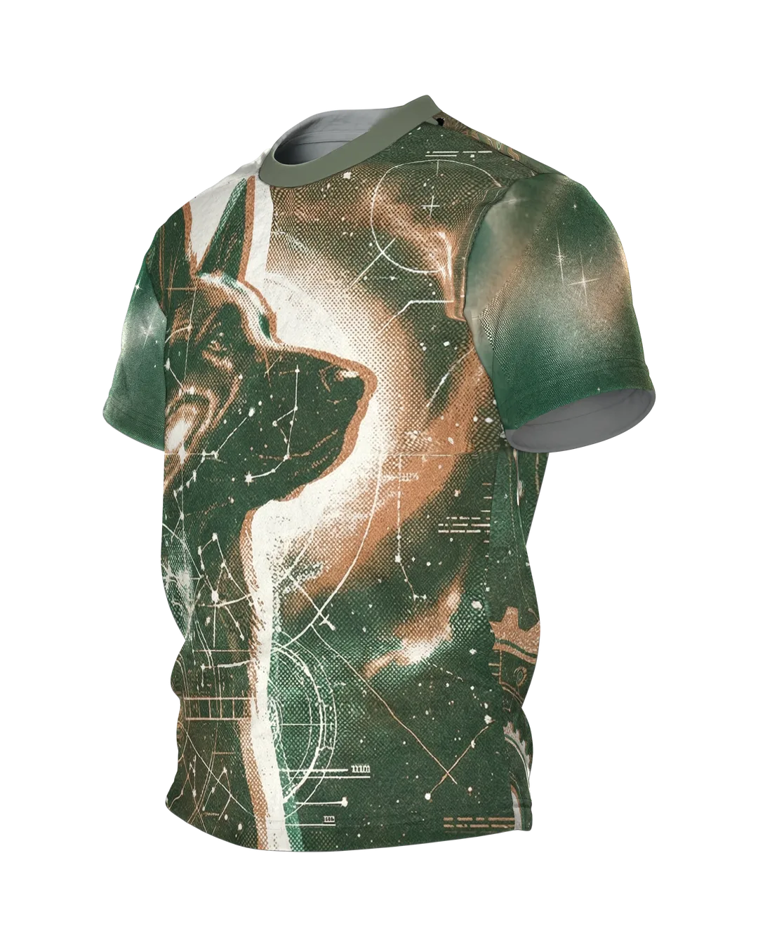 Star Dog T-shirt, Dog in Front of a Galaxy, Gear Planets and Bone Constellations on the Back, Side view, right