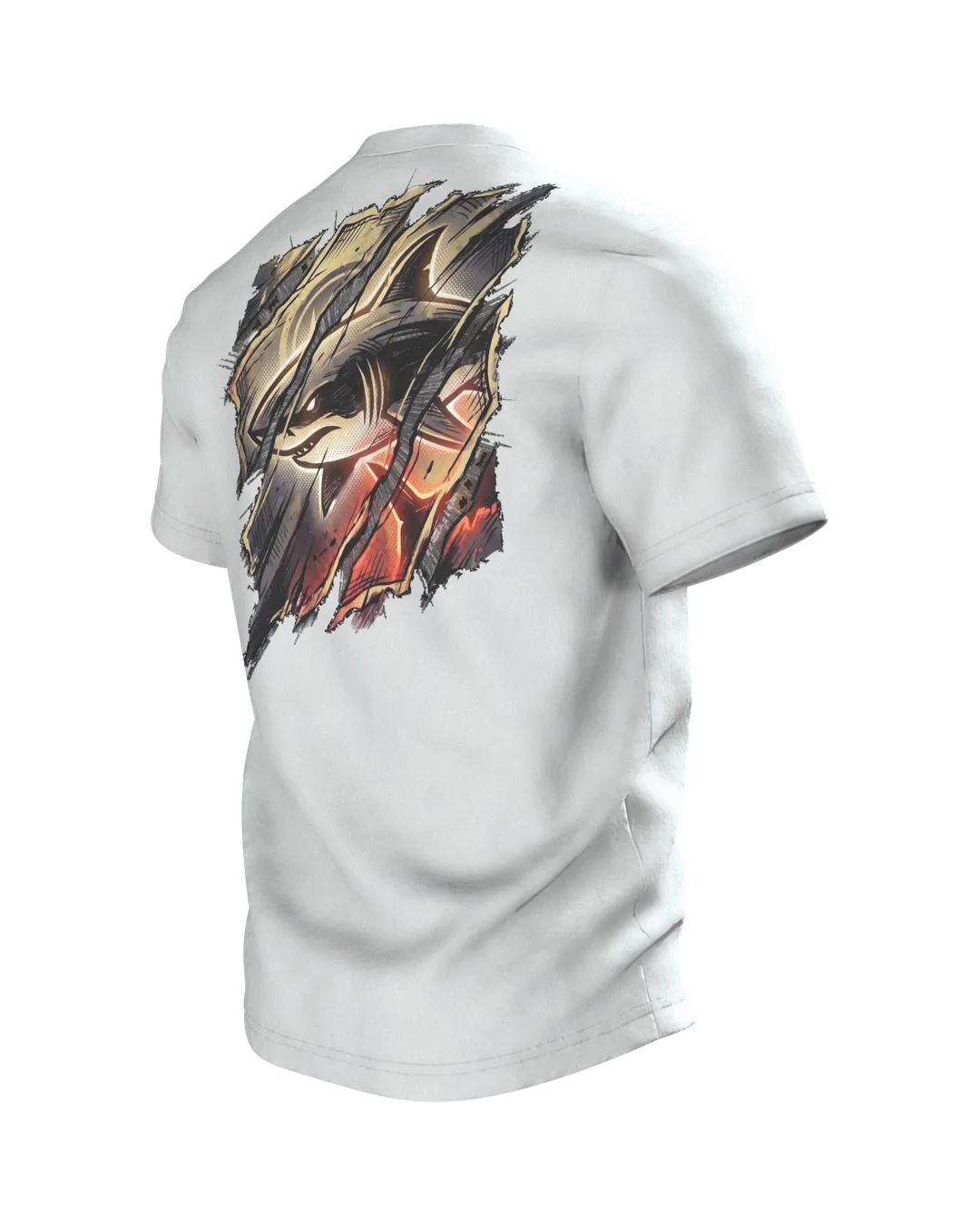 Shark Streetwear T-shirt, Cyan Shark Behind Torn Paper Strips, Ember Setting in Sepia on the Back, Back, angled left