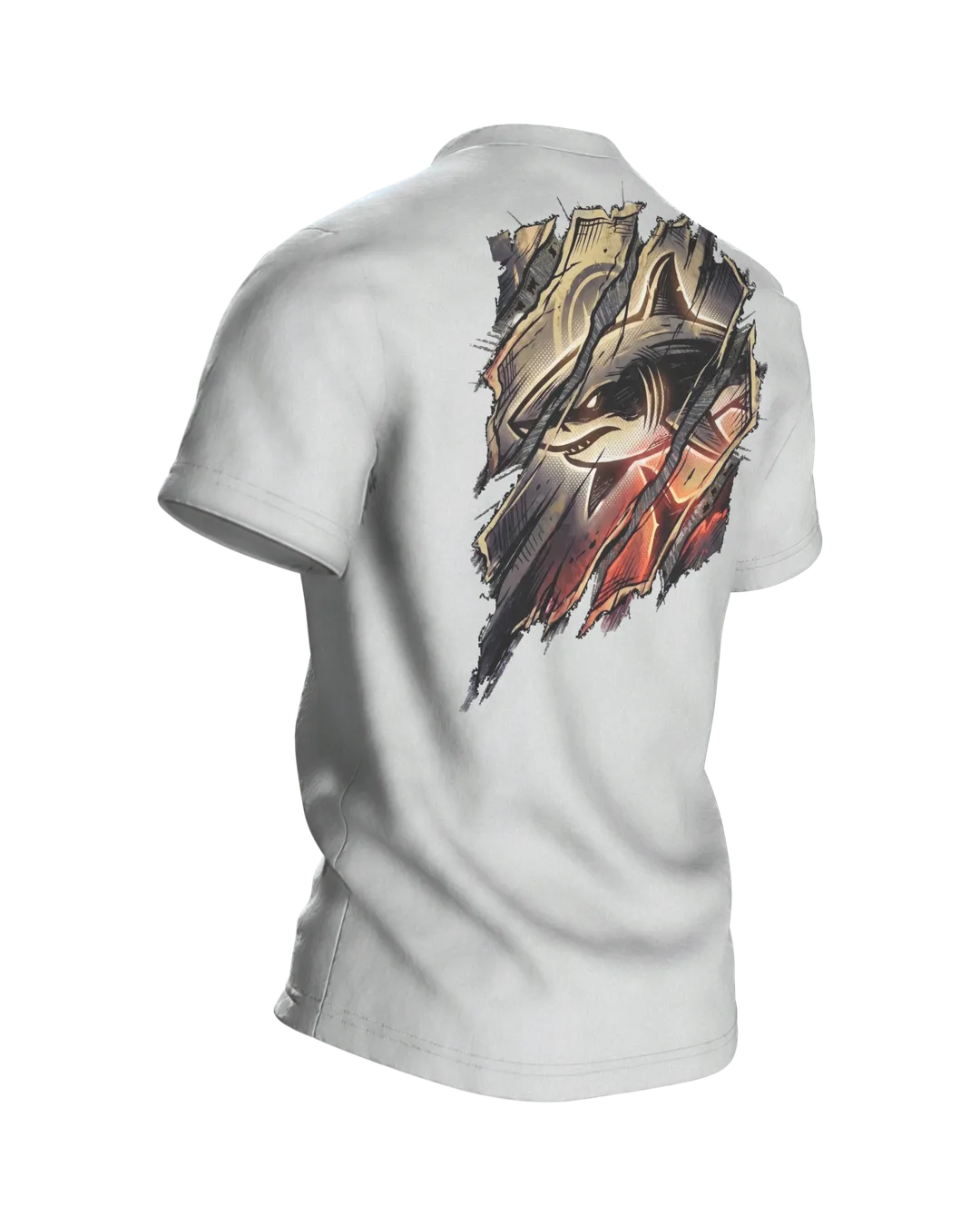 Shark Streetwear T-shirt, Cyan Shark Behind Torn Paper Strips, Ember Setting in Sepia on the Back, Back, angled right