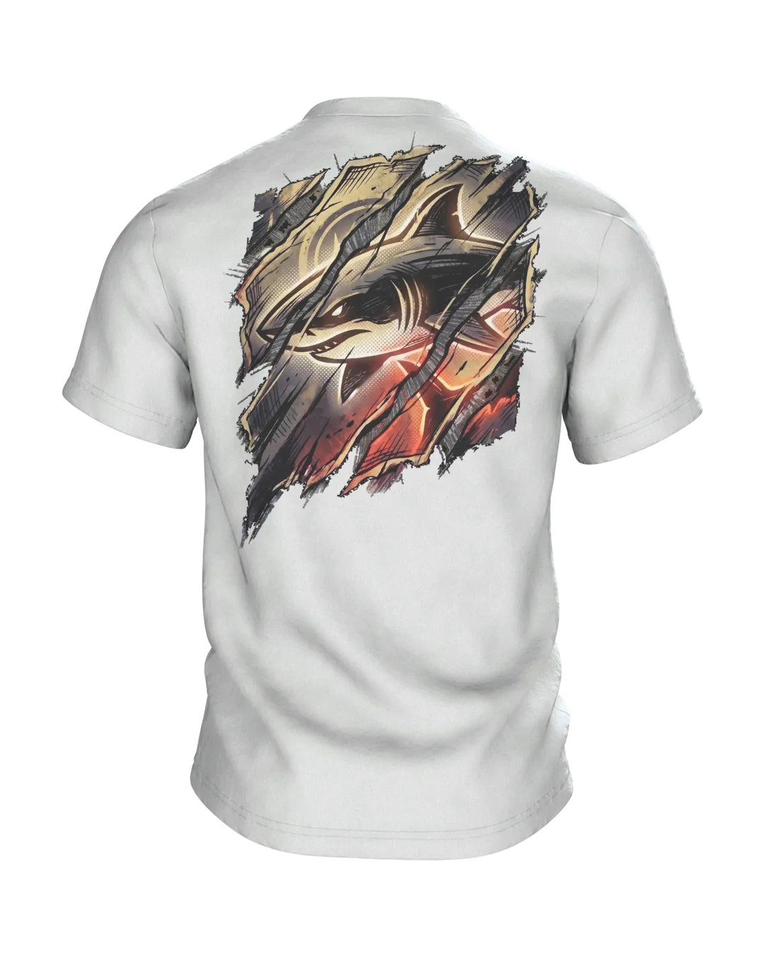Shark Streetwear T-shirt, Cyan Shark Behind Torn Paper Strips, Ember Setting in Sepia on the Back, Back