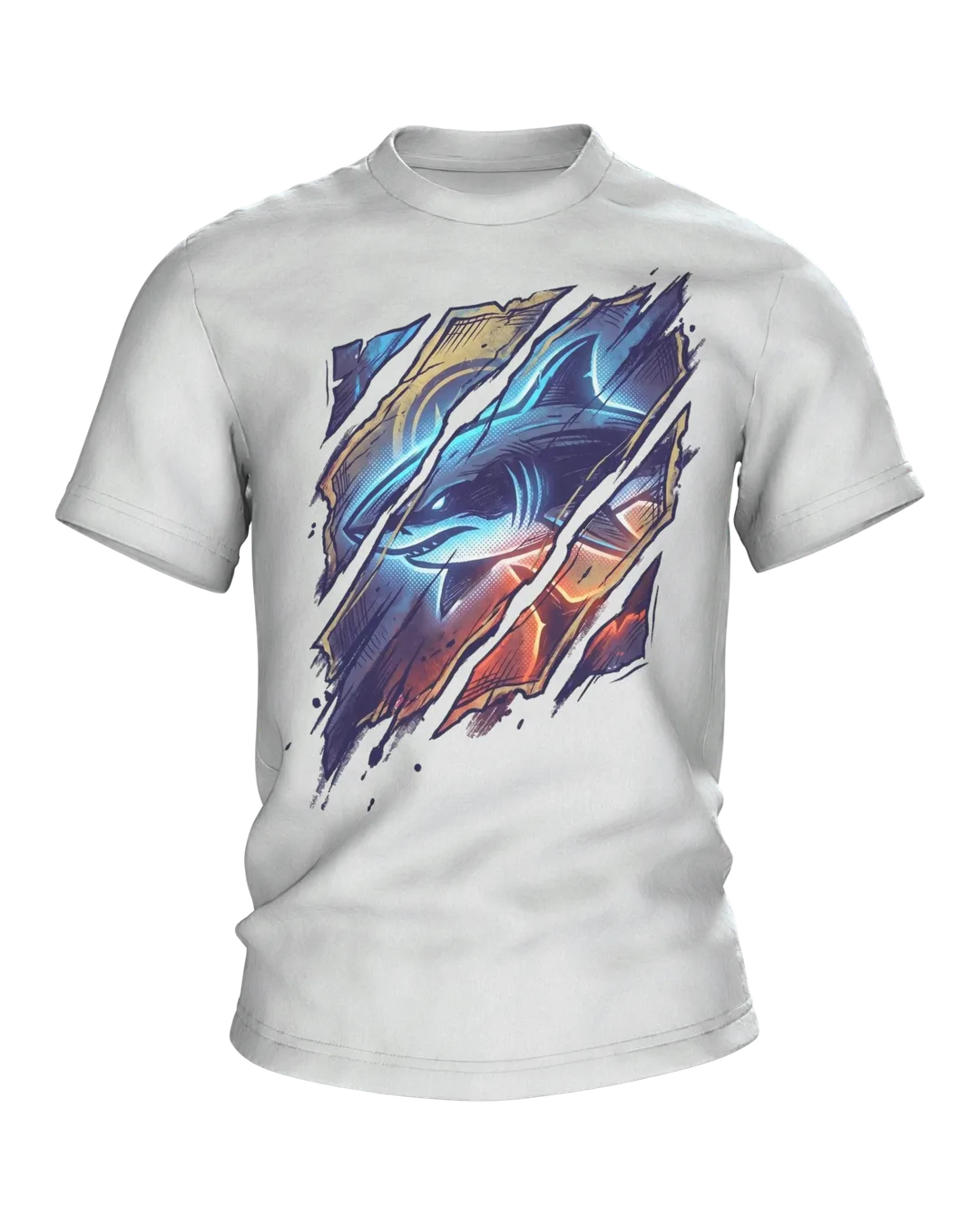 Shark Streetwear T-shirt, Cyan Shark Behind Torn Paper Strips, Ember Setting in Sepia on the Back