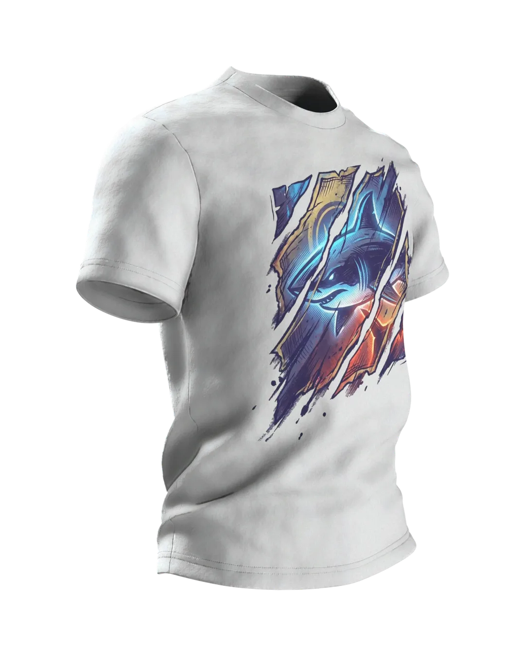 Shark Streetwear T-shirt, Cyan Shark Behind Torn Paper Strips, Ember Setting in Sepia on the Back, Side view, left