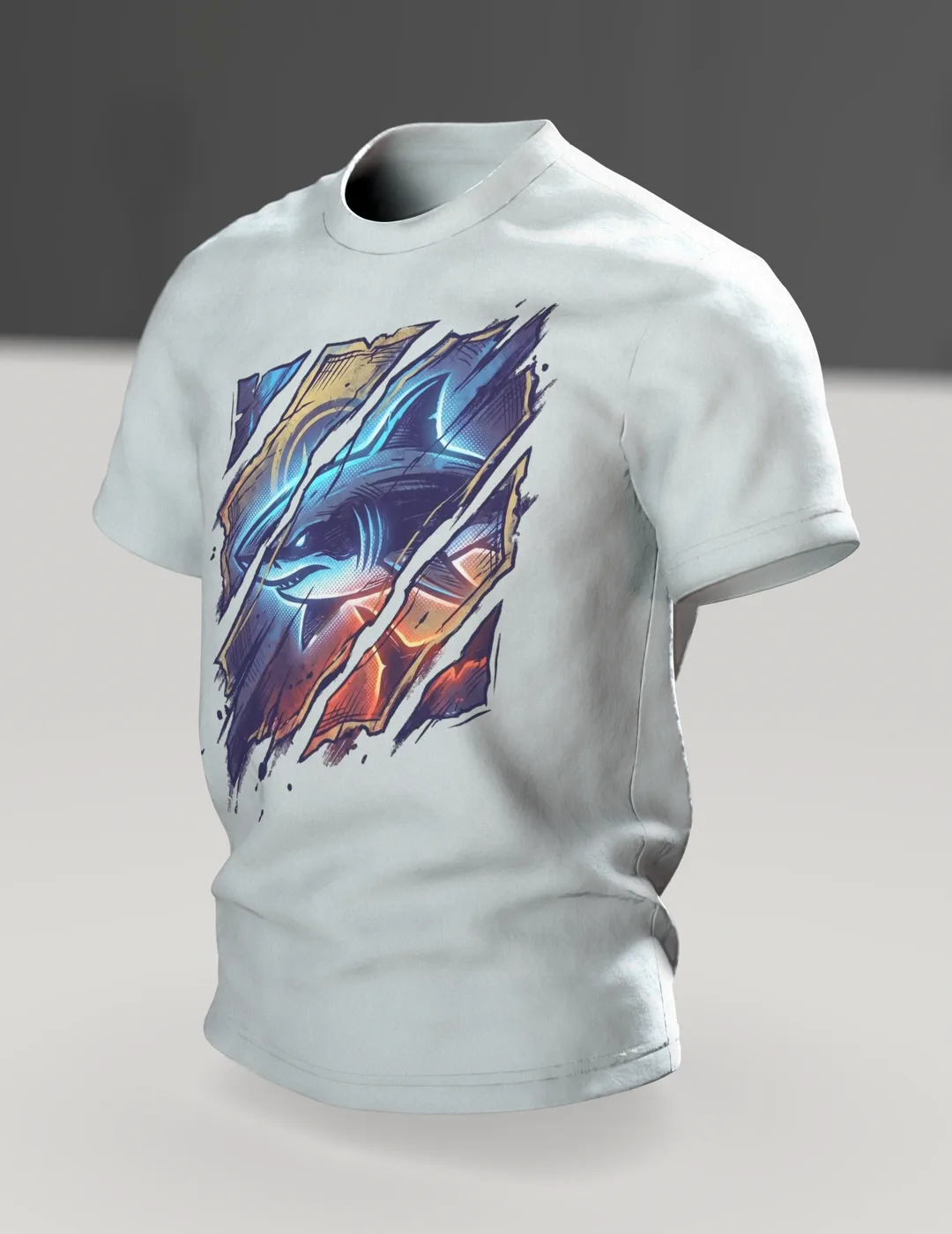 Shark Streetwear T-shirt, Cyan Shark Behind Torn Paper Strips, Ember Setting in Sepia on the Back, In context, angled
