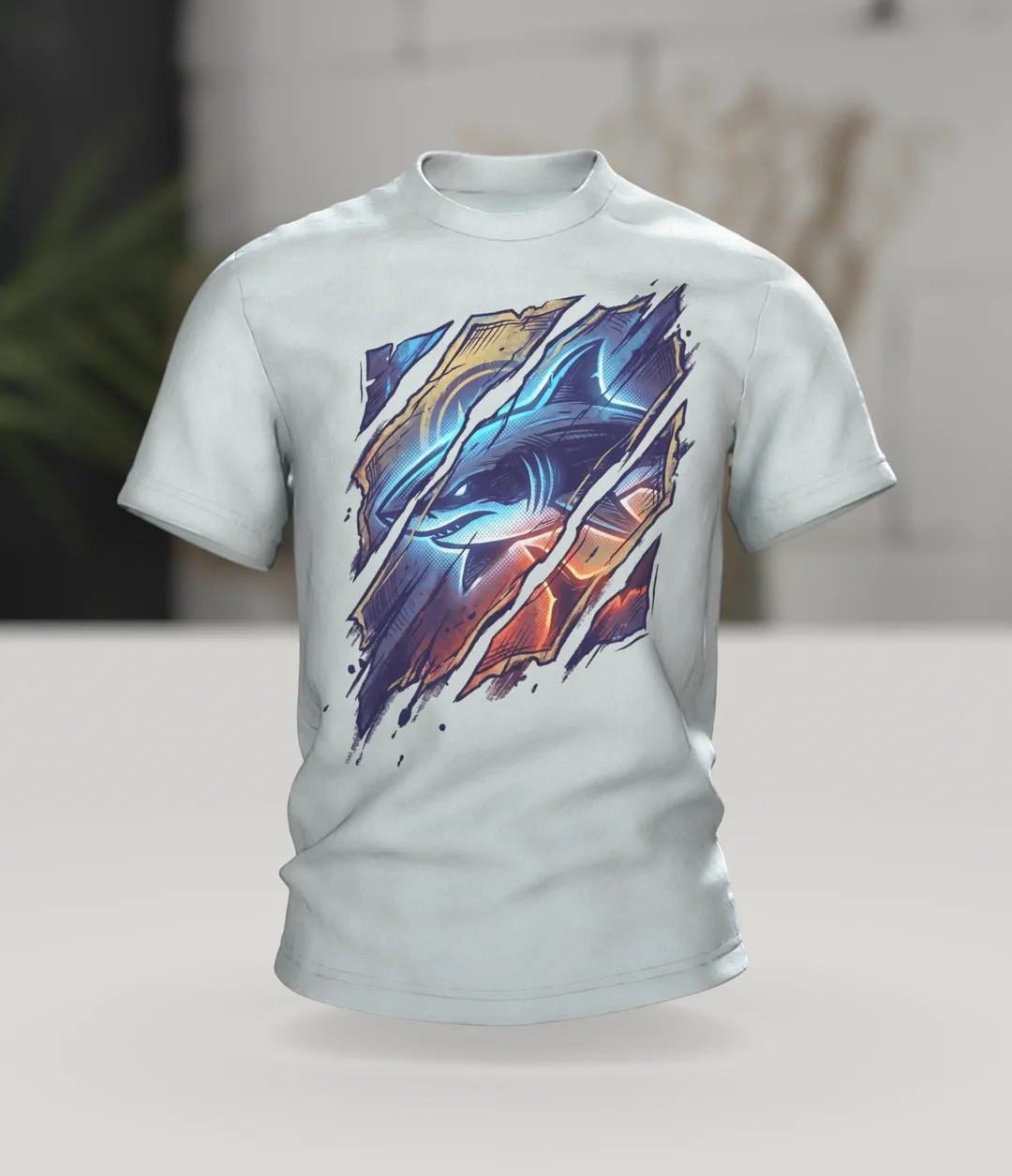 Shark Streetwear T-shirt, Cyan Shark Behind Torn Paper Strips, Ember Setting in Sepia on the Back, In context