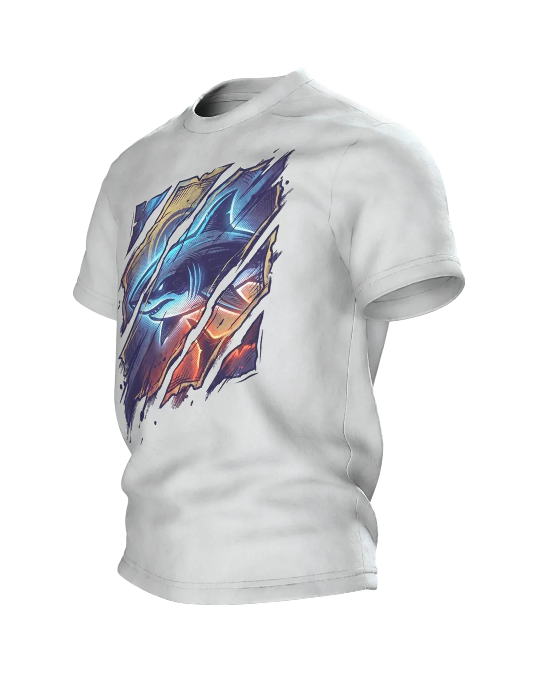Shark Streetwear T-shirt, Cyan Shark Behind Torn Paper Strips, Ember Setting in Sepia on the Back, Side view, right