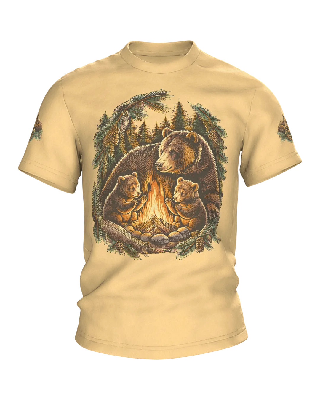 Papa Bear Shirt: Papa Bear Campfire with Two Little Cubs in the Forest, Woodcut Line Art for Camping Dads