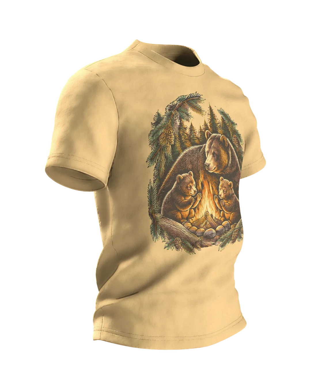 Papa Bear Shirt: Papa Bear Campfire with Two Little Cubs in the Forest, Woodcut Line Art for Camping Dads, Side view, left